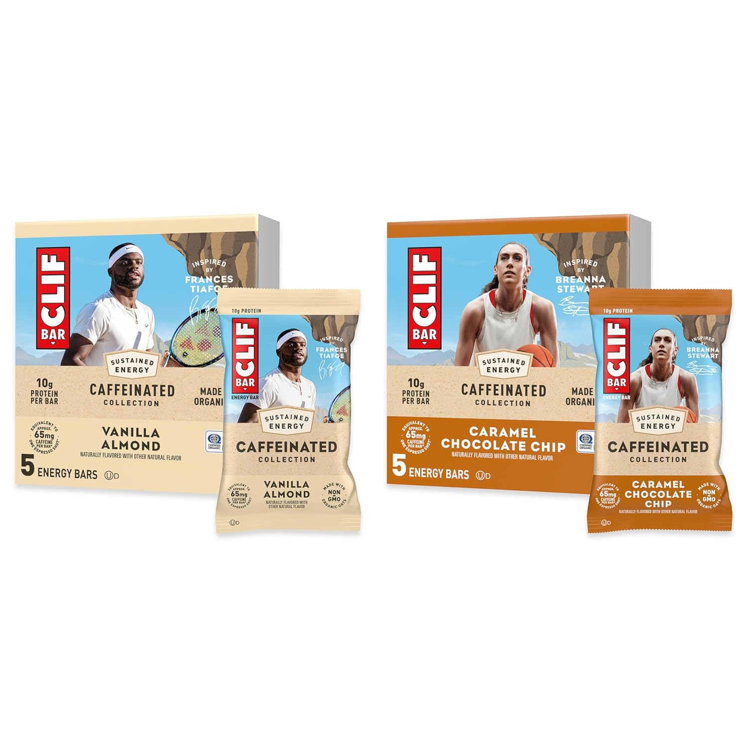 CLIF BAR Caffeinated Collection - Energy Protein Bars - Caramel Chocolate Chip and Vanilla Almond - Variety Pack - Made with Organic Oats - Energy Bars - Non-GMO - (10 Pack)