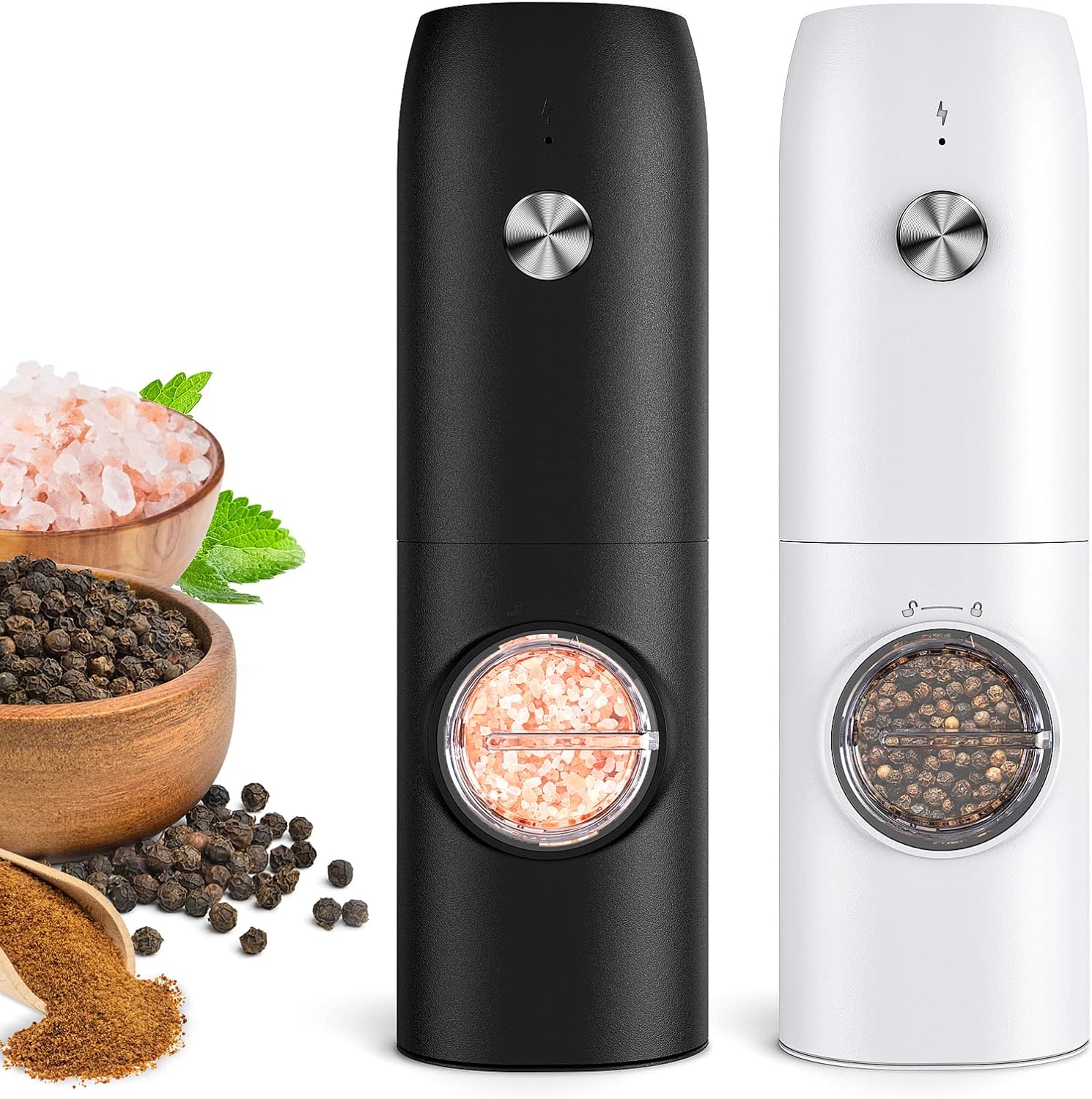 Electric Salt and Pepper Grinder Set, Rechargeable Automatic Pepper Mill Grinder with LED Light, Adjustable Coarseness shakers, One-Hand Operation for Kitchen(2 Pack,Black+White)