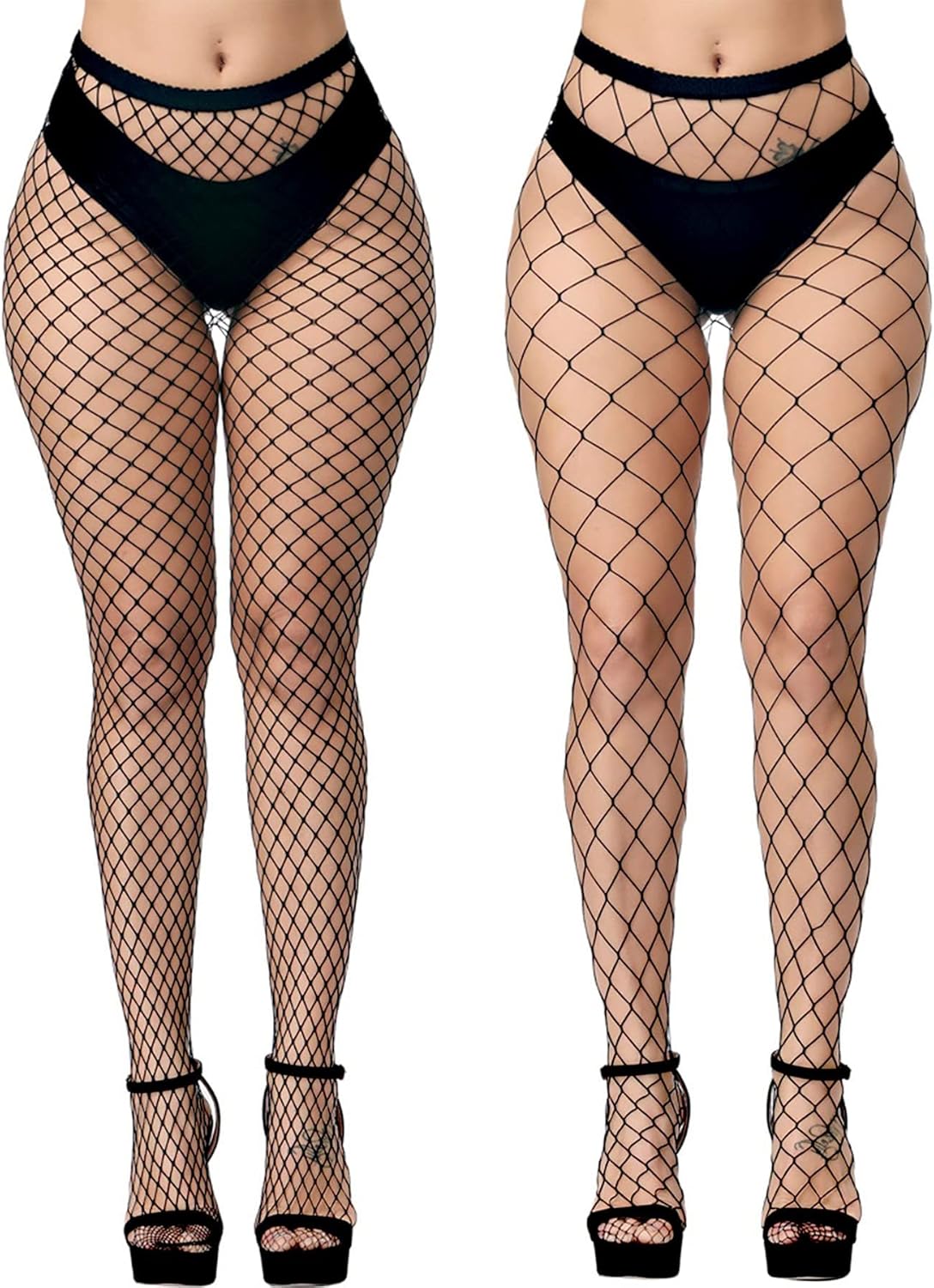 E-Laurels Womens High Waist Patterned Fishnet Tights Suspenders Pantyhose Thigh High Stockings Black