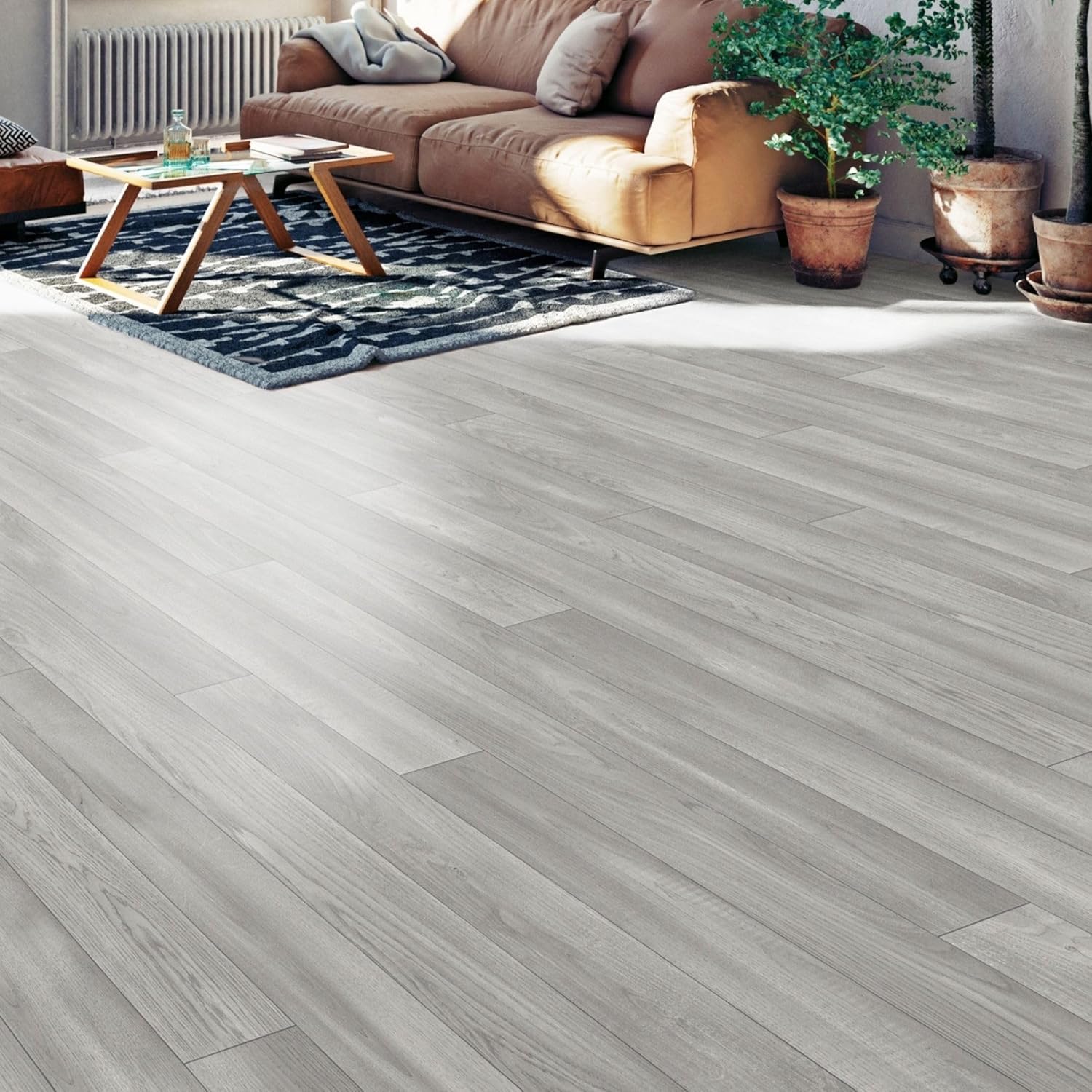 Oak Effect Lino Flooring Light Grey Wood Sheet Vinyl Flooring Roll Non Slip Water Resistant Kitchen Bathroom Cushioned Flooring 2m 3m Width (Styal Grey Sawn Oak, 2m x 3m)