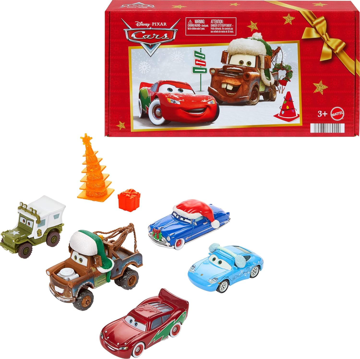 Mattel Disney and Pixar Cars Toy Multipack, Set of 5 Winter-Themed Vehicles Including a Holiday Hotshot Lightning McQueen & 2 Plastic Accessories​​​