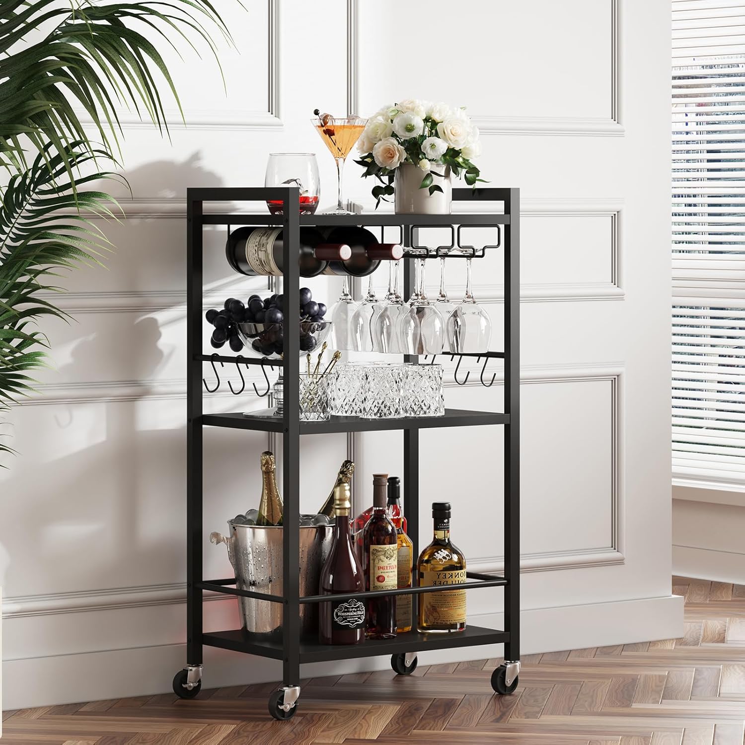 TUTOTAK Drinks Trolley, Bar Cart with 3-Tier Shelf, Serving Trolley with Wine Rack, Glass Holder, Rolling bar cart for The Home, Living Room, Black V1BC01BK035EU