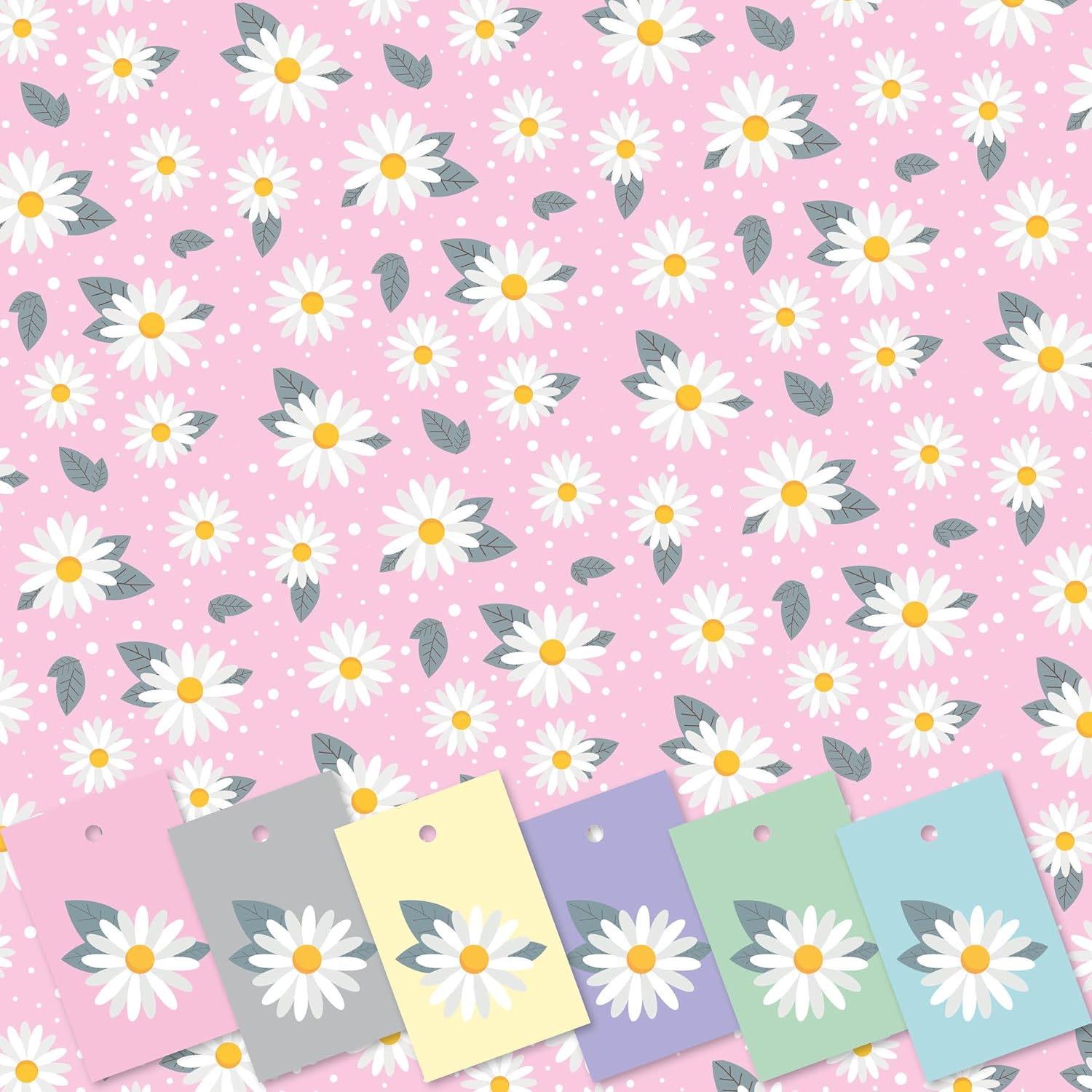 Women's Wrapping paper, daisy design. 5 Sheets of pink gift wrap with 6 different coloured Tags. XL Sheet size (50 x 70cm). Ladies gift wrap with cutting grid on reverse.