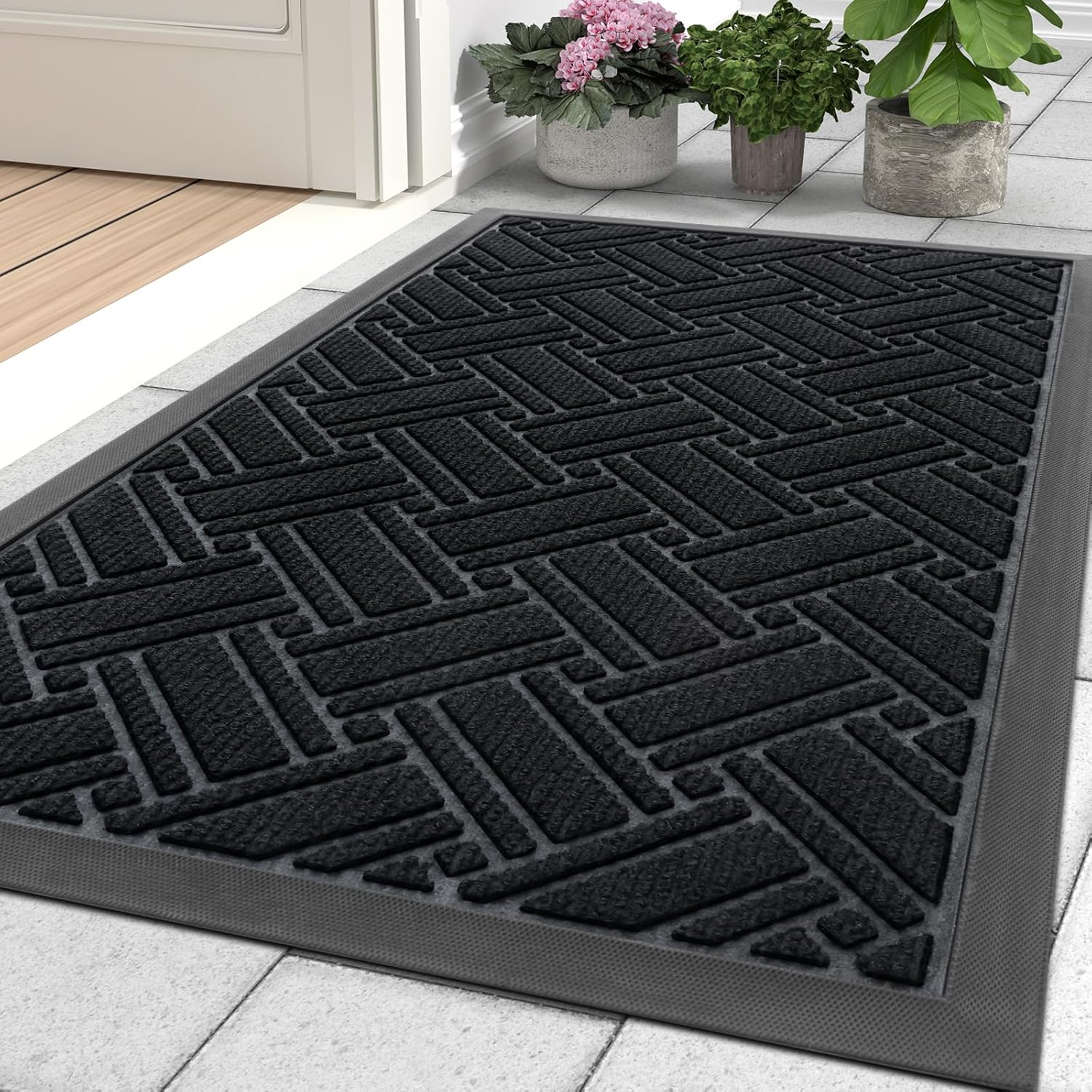 OLANLY Indoor Outdoor Mat, Sturdy Natural Rubber Floor Mat, Non Slip Low Profile Waterproof Doormat, and Stain Front Door Mats, Easy Clean Patio Entrance Mat, 30''x17'', Black