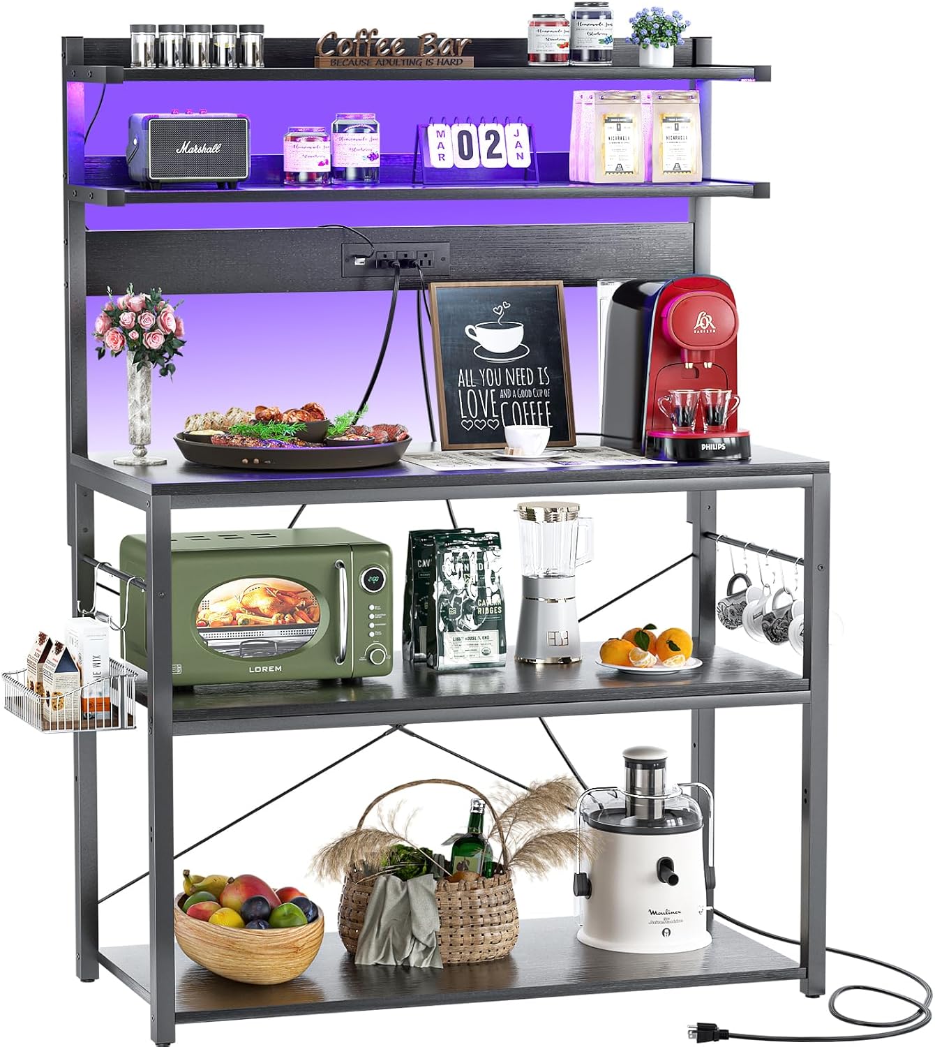 Aheaplus Bakers Rack with Power Outlet, Microwave Stand, 5 Tiers Coffee Bar Station with Led Lights, Kitchen Storage Shelf with 6 S-shaped Hooks, Kitchen Rack Coffee Bar Stand, Black