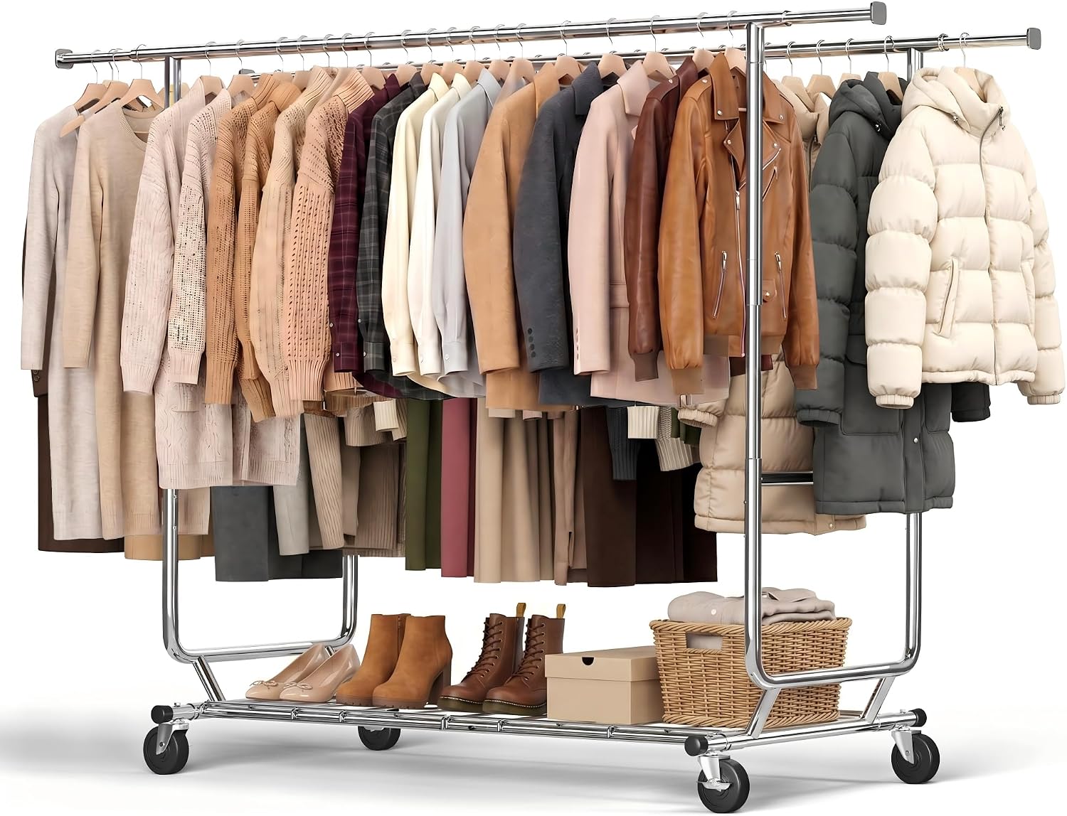 REIBII Heavy Duty Double Clothes Rail with Wheels & Shoe Rack, Chrome | 285KG Loading,Clothes Rack with Hanging Rings,128.5-188cm Extendable Rod,145-173cm Height Adjustable,for Small Space