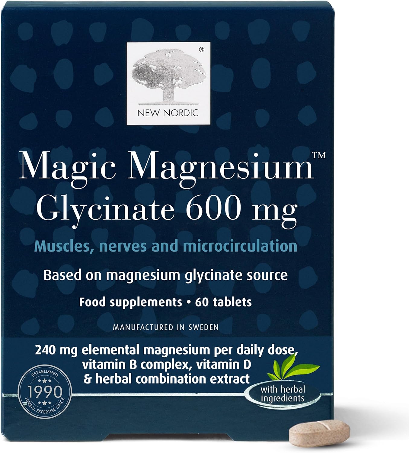 New Nordic Magnesium Glycinate - 600 mg Extra Strength - Sleep & Muscle Support for Women & Men - Pine Bark & Long Pepper Extract - 60 Tablets