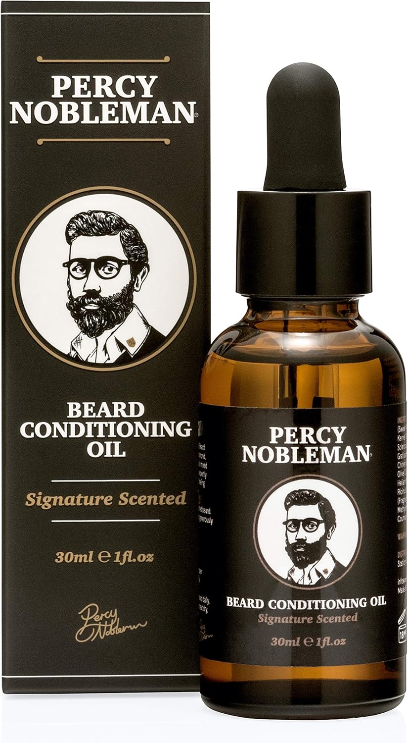 Percy Nobleman Beard Oil – 99 % Natural Conditioning & Grooming Oil – Argan, Jojoba, Avocado, Almond & Marula Oils – Vanille Musk Scent – Softens, Nourishes & Tames Coarse Beards (30 ml)