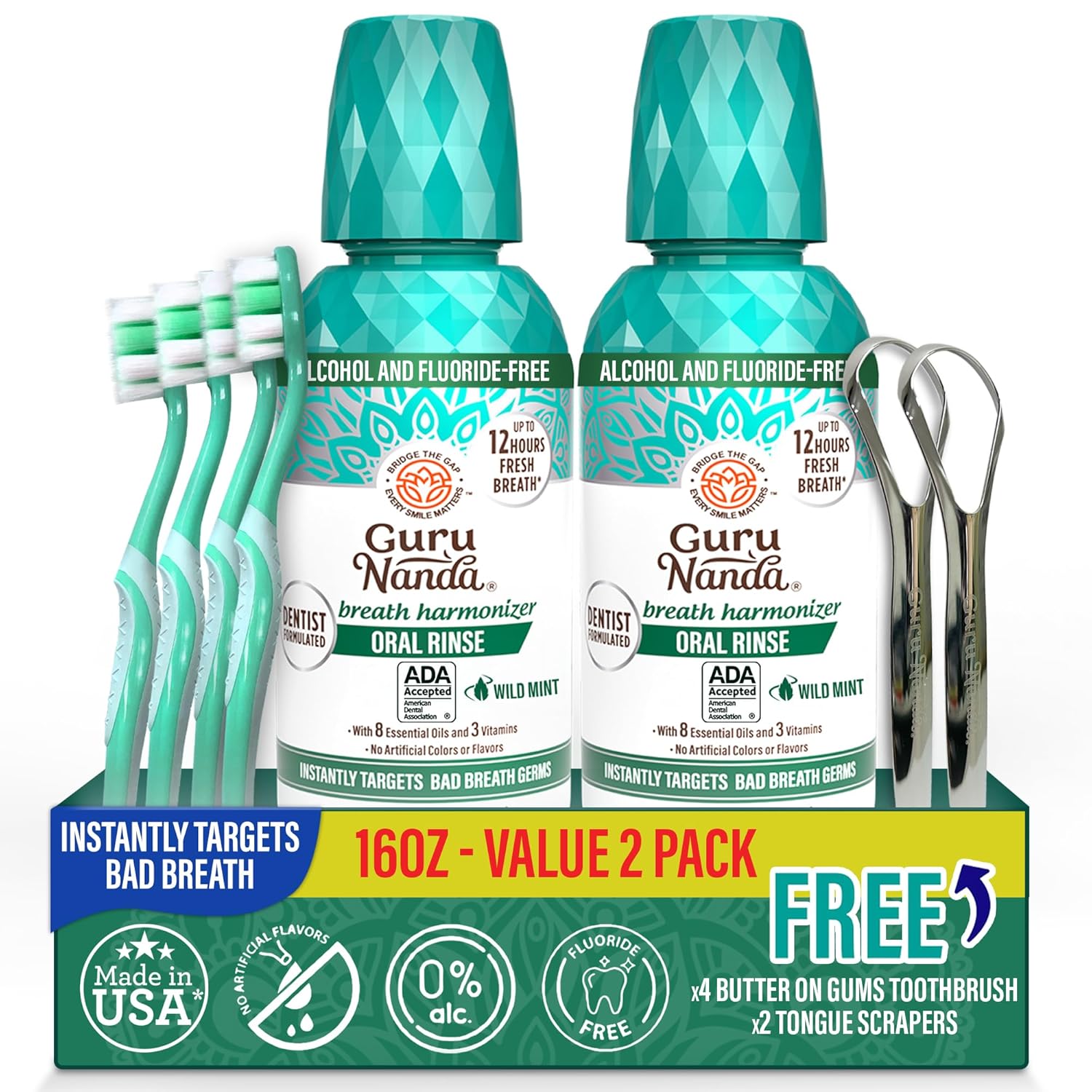 GuruNanda Fresh Breath Mouthwash, ADA-Accepted, Alcohol & Fluoride-Free, Sodium Chlorite, Essential Oils & Vitamins, 12-Hrs Fresh Breath, Wild Mint, 16 oz - 2 Pack