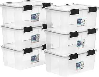 IRIS USA WeatherPro 19 Qt Storage Bins with Lids, 6 Pack, BPA-Free Plastic Gasket Box with Tight Latch and Seal, Stackable Nestable Tote Tub - Clear/Black