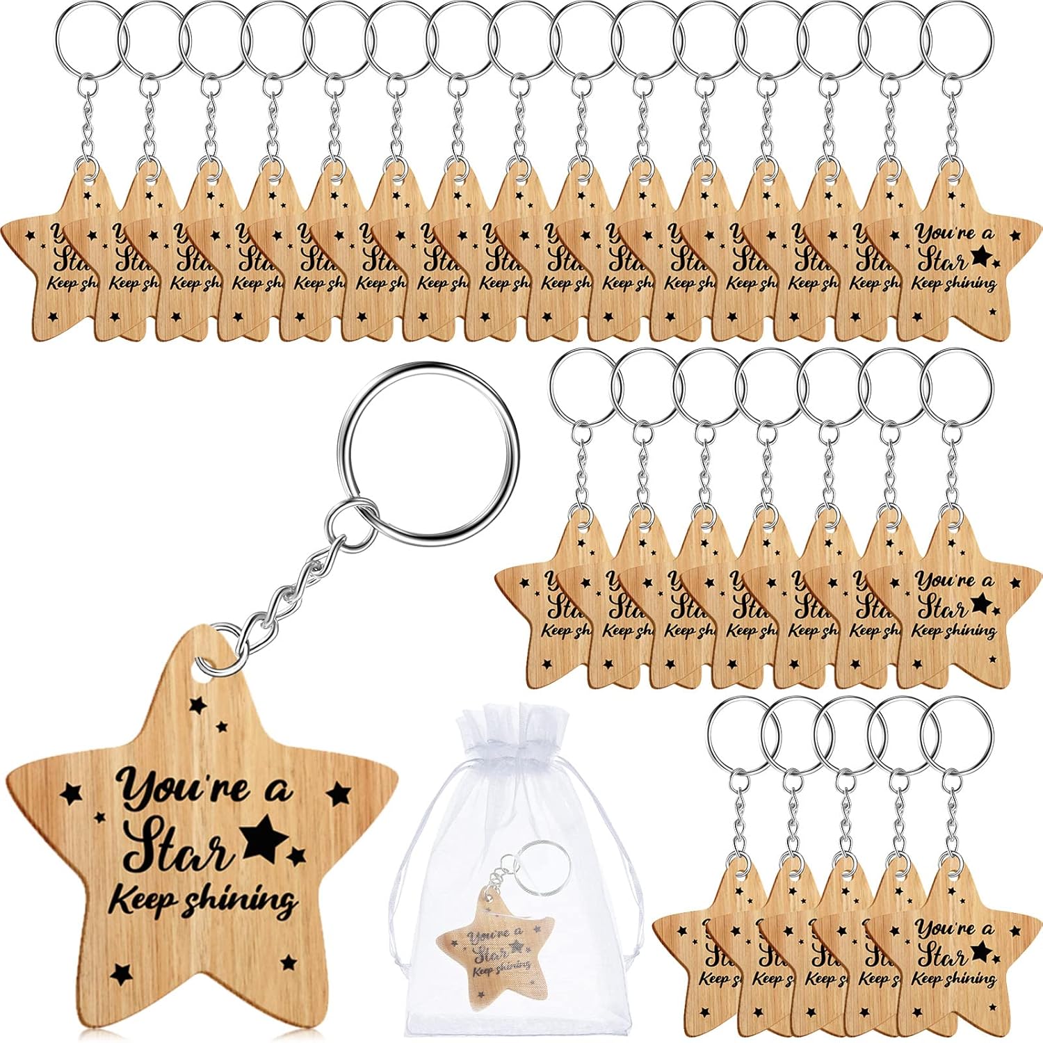 Namalu 30 Pieces School Leaver Star Keyring Gifts Class End of Term Star Token Favor Teacher to Pupil Leaving Gift You're a Star Keep Shining End of Term Gifts for Children Wooden Token