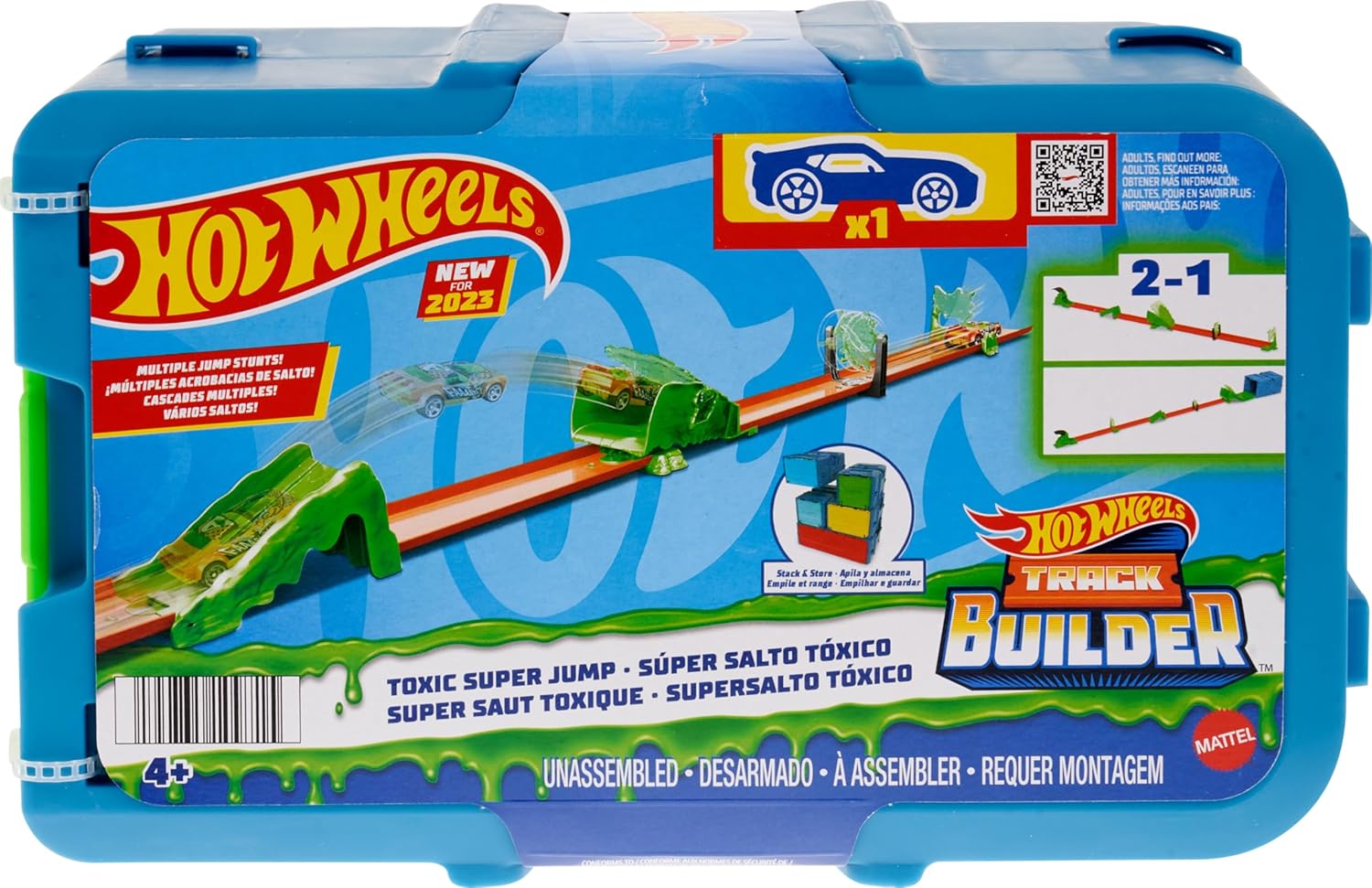 Hot Wheels Track Set with 1 Hot Wheels Car, Toxic-Themed Track Building Set with 10 Track Pieces to Create Jump Stunts, Comes in a Modular and Stackable Storage Box, HKX47