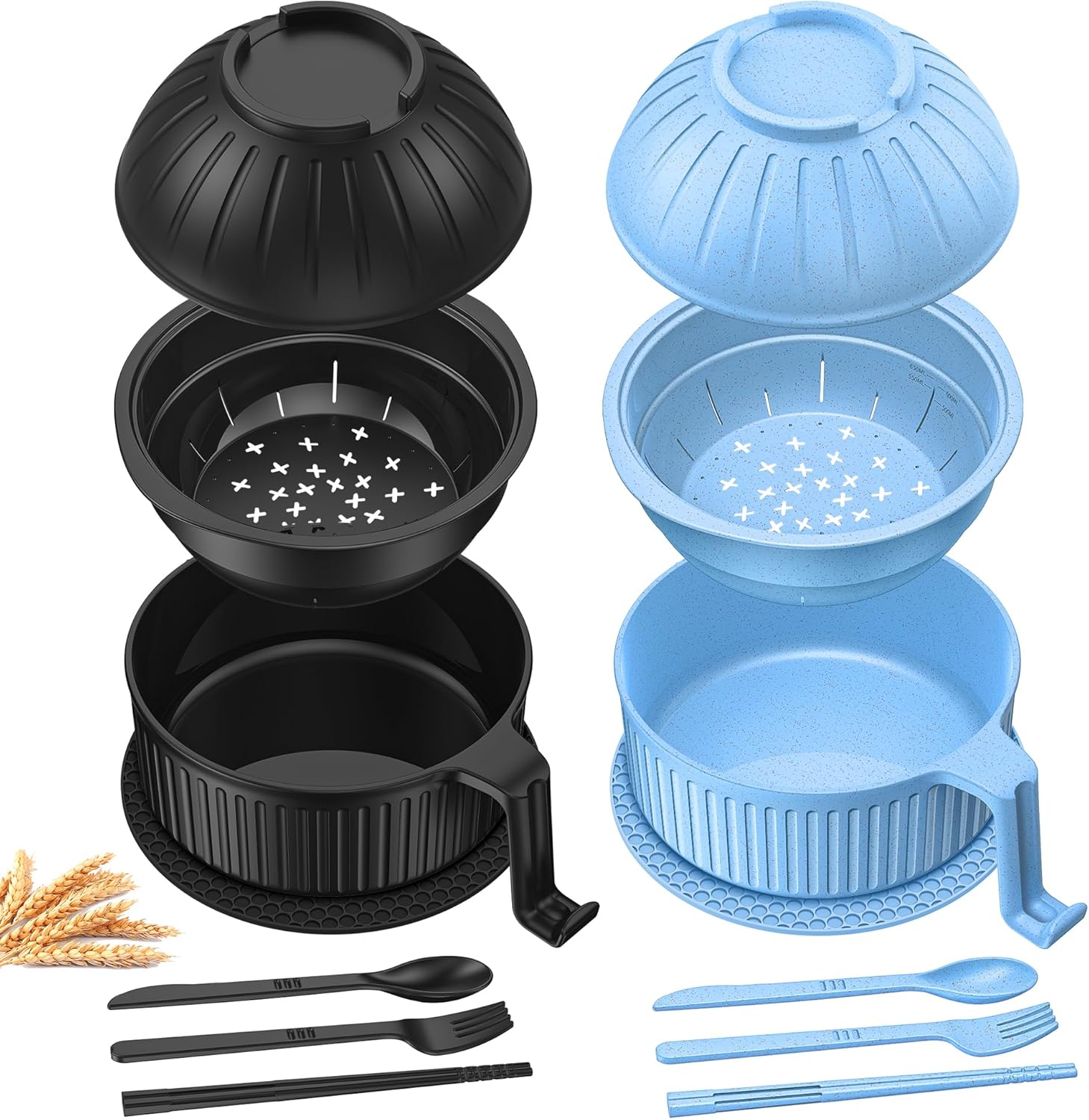 Ramen Bowl with Handles, 2 Set Wheat Fiber Ramen Cooker Microwave with Strainer, 34oz Noodle Bowl with Pot Mat Spoon Chopsticks Fork for Home, School, Office, Dorm, Picnic or Gift