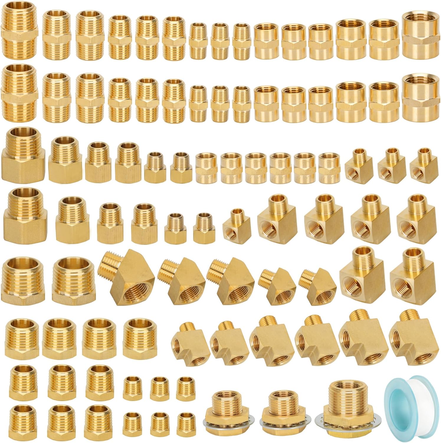 90Pcs Brass Pipe Fitting Assortment Kit NPT Adapter,Reducer Bushing,Hex Coupling,Hex Nipple,90 Degree & 45 Degree Barstock Street Elbow,Street Tee,Bulk Head Fitting Kit With 1Pcs Teflon Tape