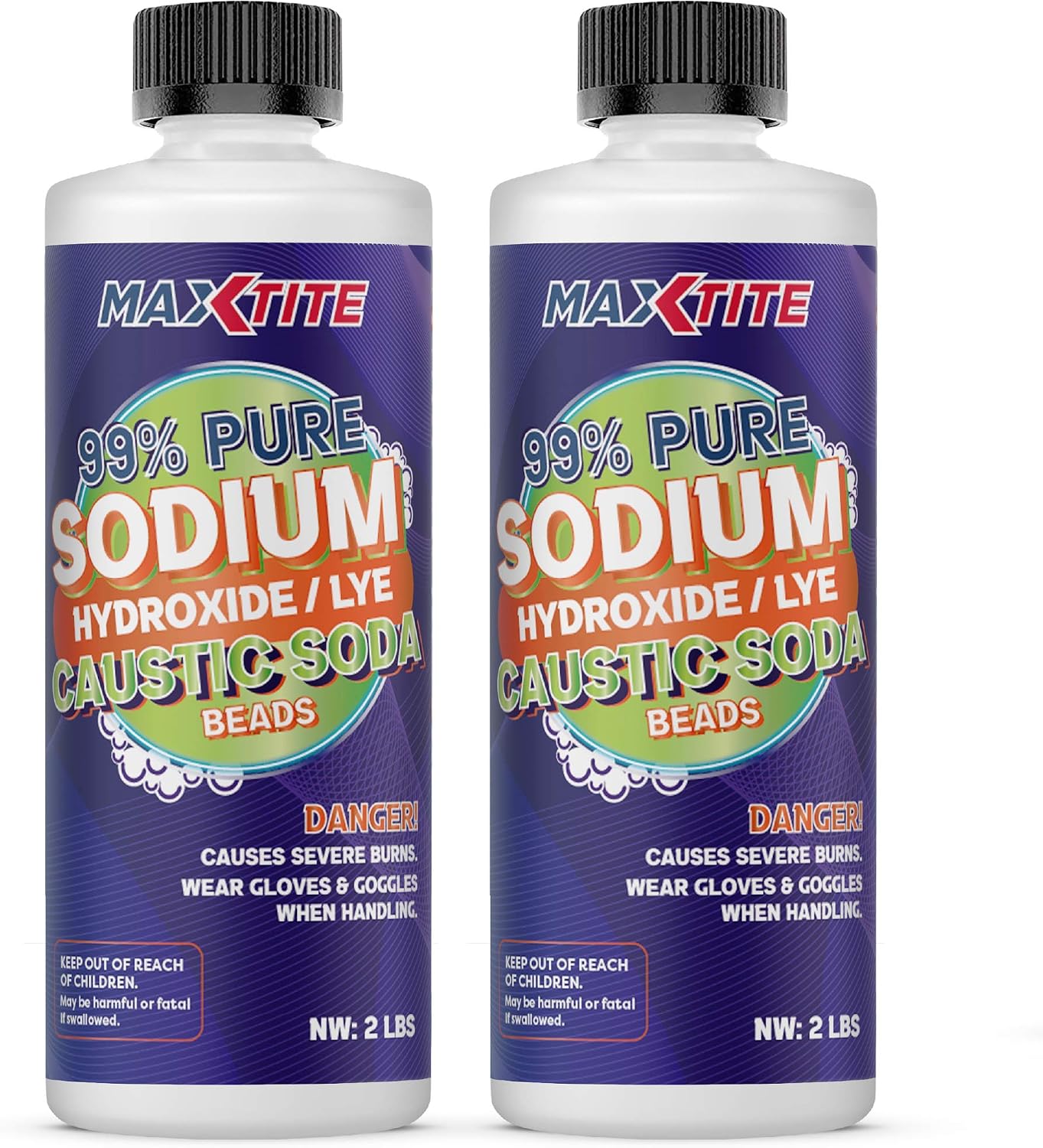 MaxTite Caustic Soda Beads - 2 lbs x 2 Pack - 99% Pure Sodium hydroxide - Soap Making, Detergent, Paper & Textiles, Cleaning, Drain Opening & More - Packed in USA