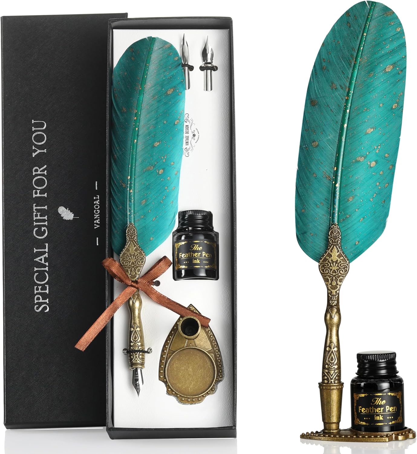 VANGOAL Vintage Green Feather Pen and Ink Set, Classic Series Goose Quill Pen with Carving Pen Stand, Calligraphy Pen Nibs, Black Dip Pen Ink, Antique Writing Gift for Writer