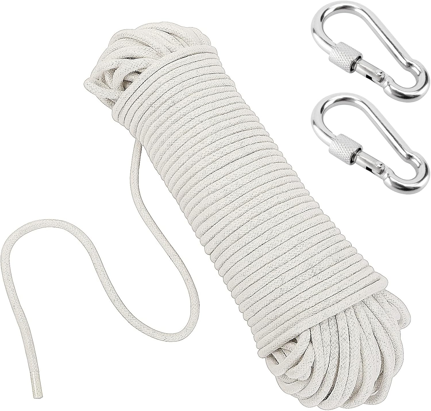 KEILEOHO 1/4 Inch Natural Cotton Rope, 328 FT Length White Clothesline Cord Craft Knitting Thread String Wall Hanging Rope for Garden Plant DIY Decoration Clothes Hanger with 4 Snap Hooks
