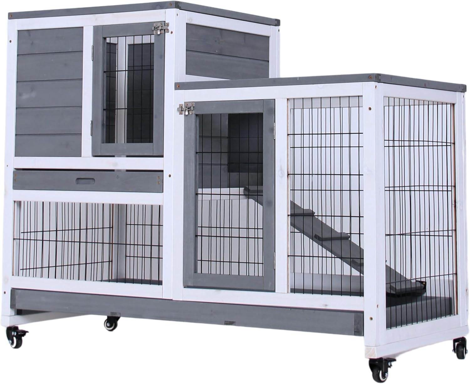 𝐍𝐎𝐕𝐄𝐂𝐑𝐀𝐅𝐓𝐎 Wooden Double Decker Indoor Rabbit Hutch on Wheels | Gray 2 Tier Guinea Pig Hutch with Slide Out Trays 43.31 x 19.69 x 36.64 In | 110 x 50 x 88 cm (W x D x H)