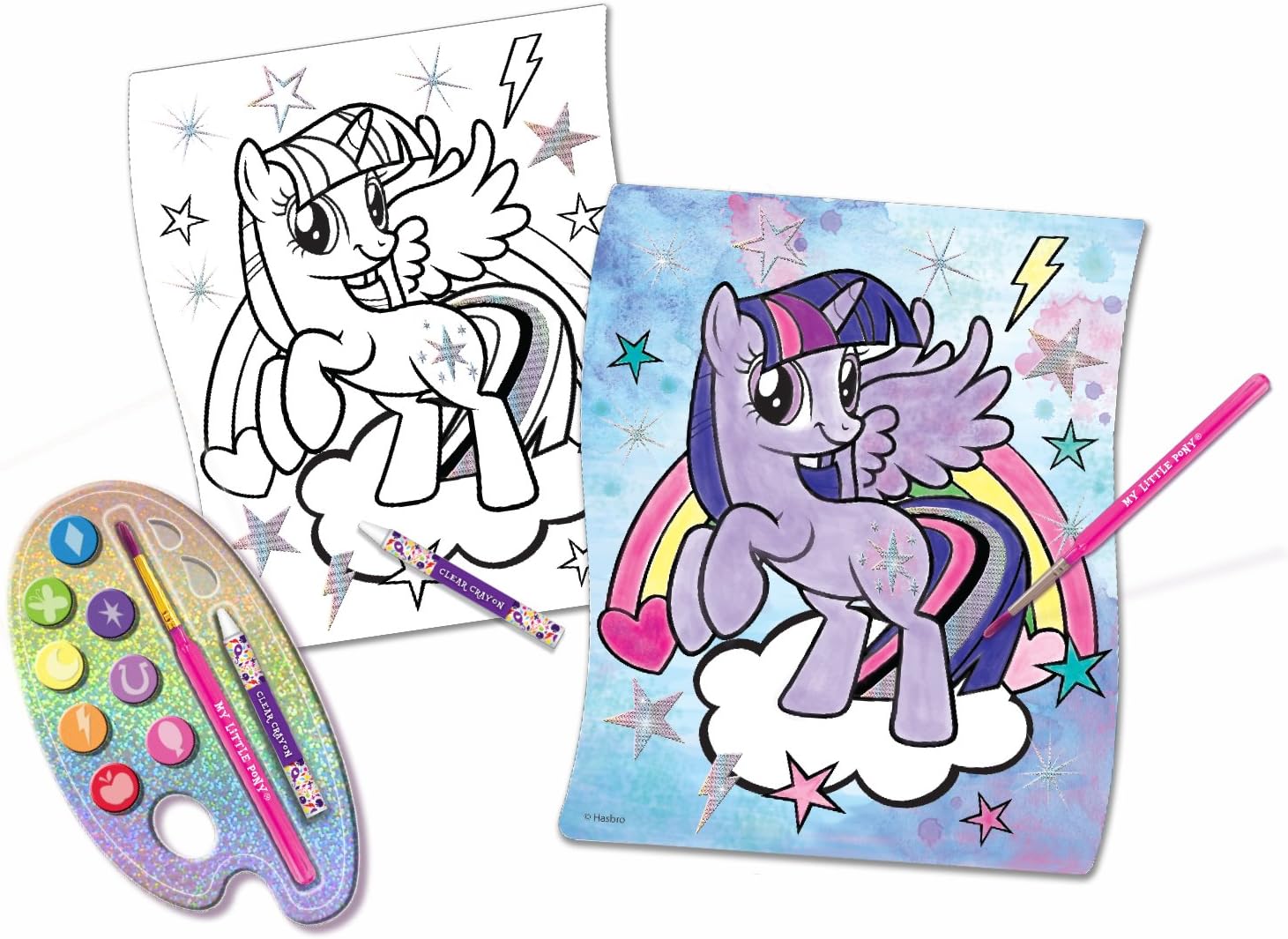 Canal Toys USA Ltd Sparkling Watercolor Pony Posters Kit - 10 Posters, 8 Shimmer Colors, Brush & Wax Crayon - Kids Art Set with Metallic Foil Accents