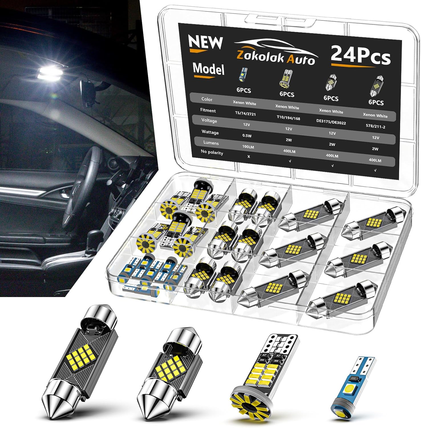 24PCS LED Interior Car Lights, Extremely Bright 6500K White LED Bulb Kit, Applicable to Dome Map Door Lights and Other Parts Replacement for Your Cars, to Help You See Inside The Car at Night
