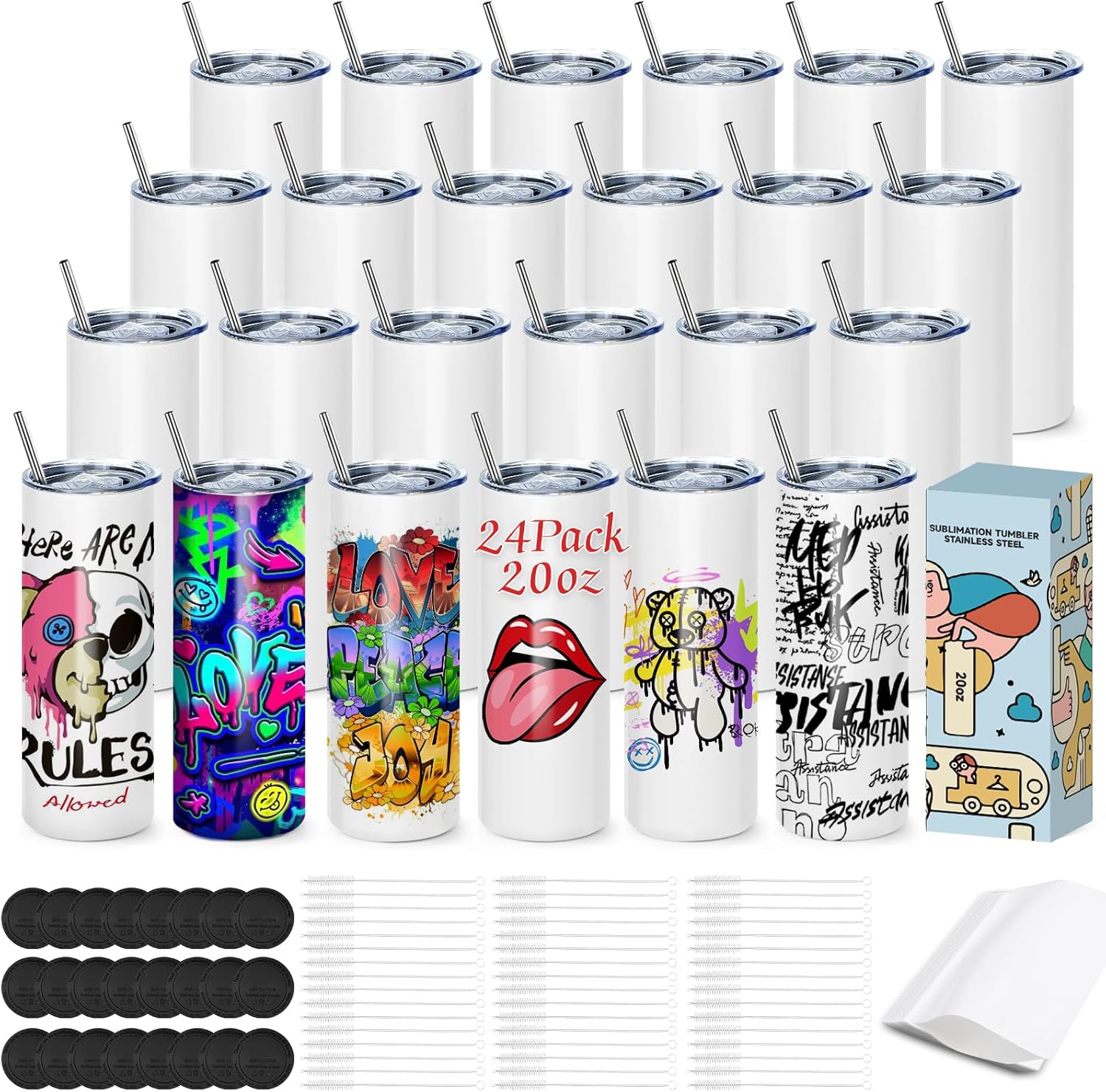 Cafultgo 20OZ Sublimation Cup, Set of 24 Sublimation Blanks Skinny Tumbler 20 OZ White Straight Bulk Stainless Steel Tumbler, with Lid and Straw, Shrink Wrap, Individually Boxed, Blank White（24PCS）