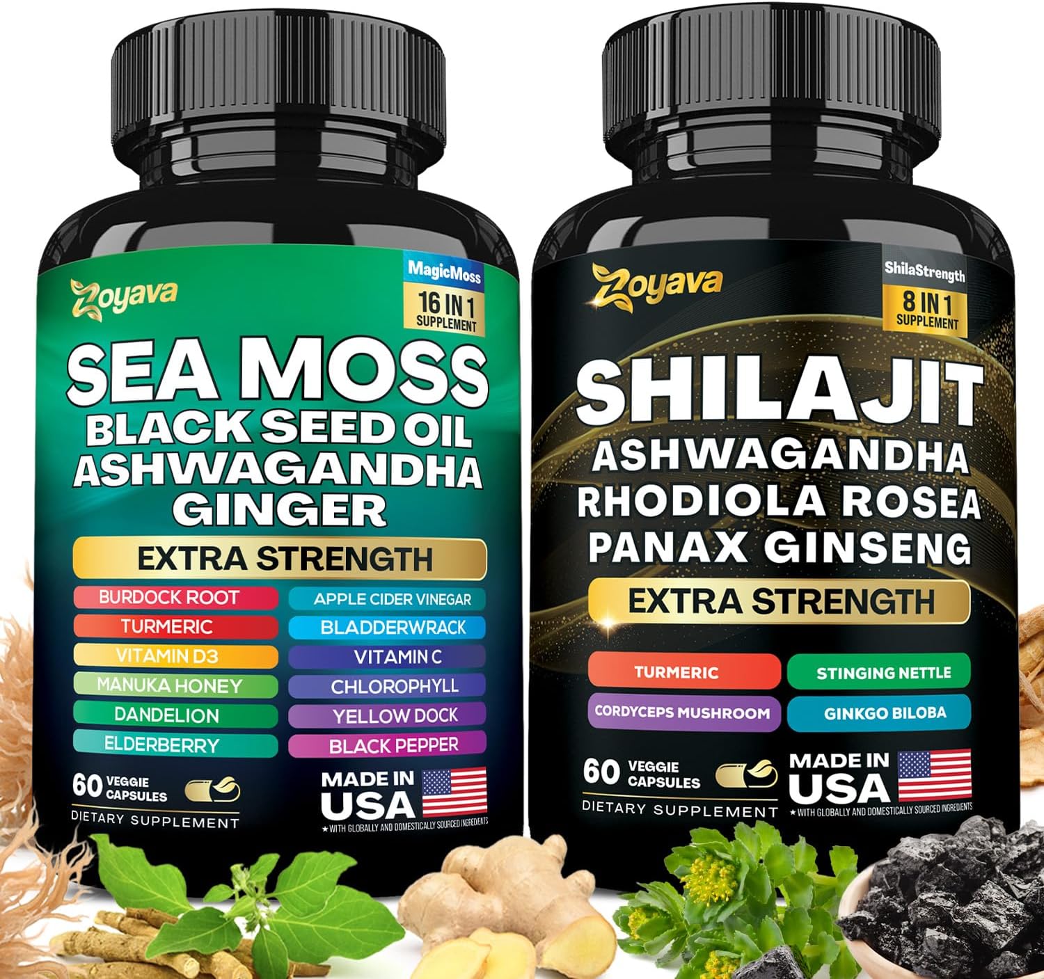 Zoyava Dynamic Vitality Bundle - Sea Moss 7000mg, Black Seed Oil 4000mg, Ashwagandha 2000mg, Ginger & Shilajit 9000mg, Rhodiola Rosea 1000mg, Panax Ginseng 1500mg, All in 1 Supplements (60 Count)