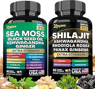 Zoyava Dynamic Vitality Bundle - Sea Moss 7000mg, Black Seed Oil 4000mg, Ashwagandha 2000mg, Ginger & Shilajit 9000mg, Rhodiola Rosea 1000mg, Panax Ginseng 1500mg, All in 1 Supplements (60 Count)