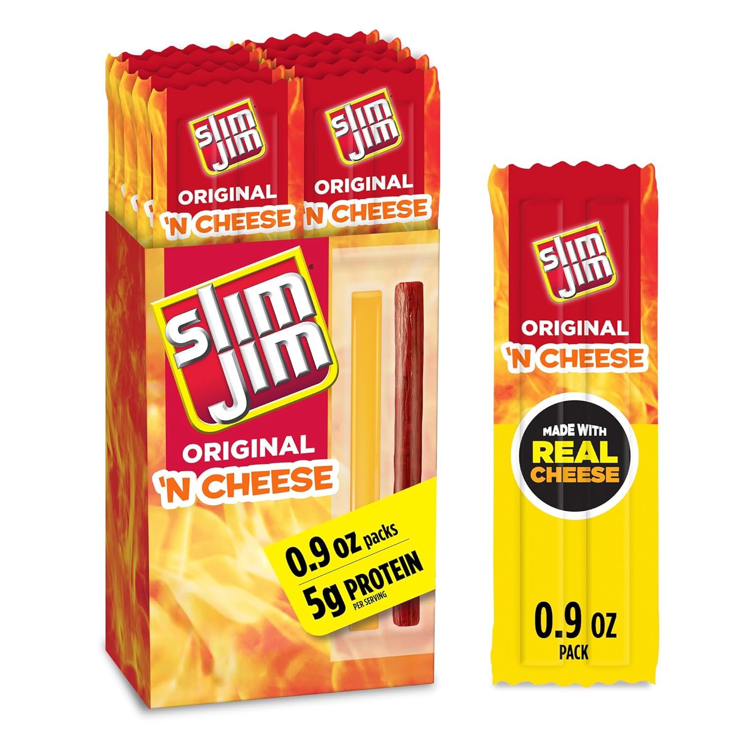 Slim Jim Beef 'N Cheese Smoked Meat Sticks, Original Flavor, 5g Protein Per Serving, Snack Size, Lunchbox Snack, 0.9 oz. (10 Count)