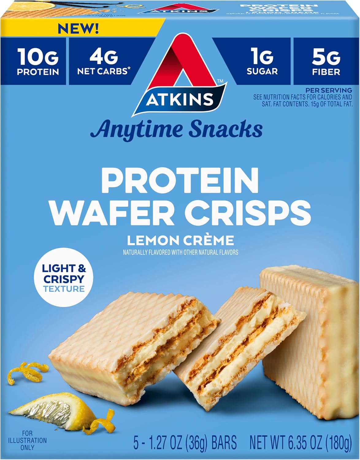 Atkins Lemon Wafer Crisps, Protein Snack, 10g Protein, 4g Net Carbs, 1g Sugar, 5g Fiber, 5 Count