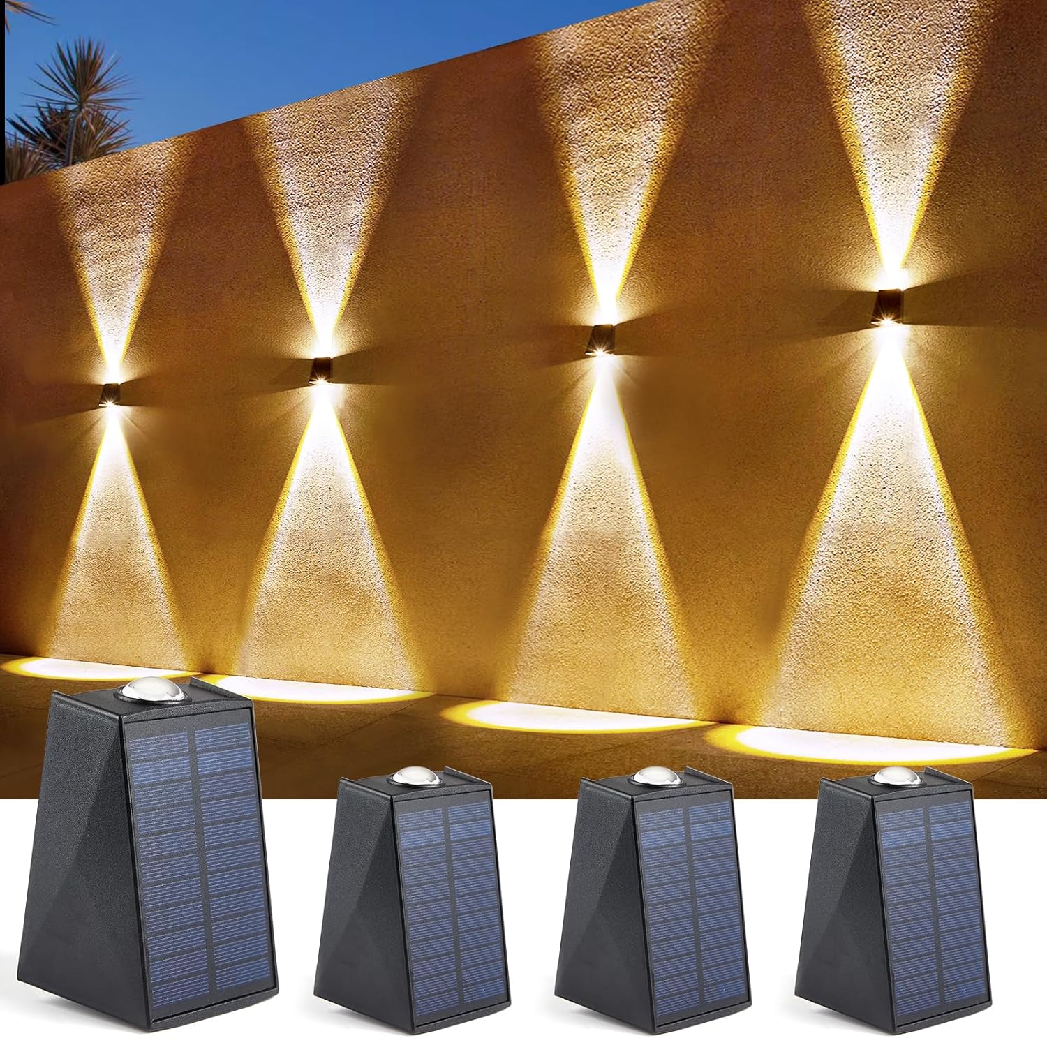 LUHLEE Solar Wall Lights Outdoor, Upgrade 2000mAh Wall Sconce IP65 Waterproof, Wall Mounted Solar Outdoor Lights for House Porch Fence Patio Pergola Garage Backyard Garden(Warm White, 4 Pack)