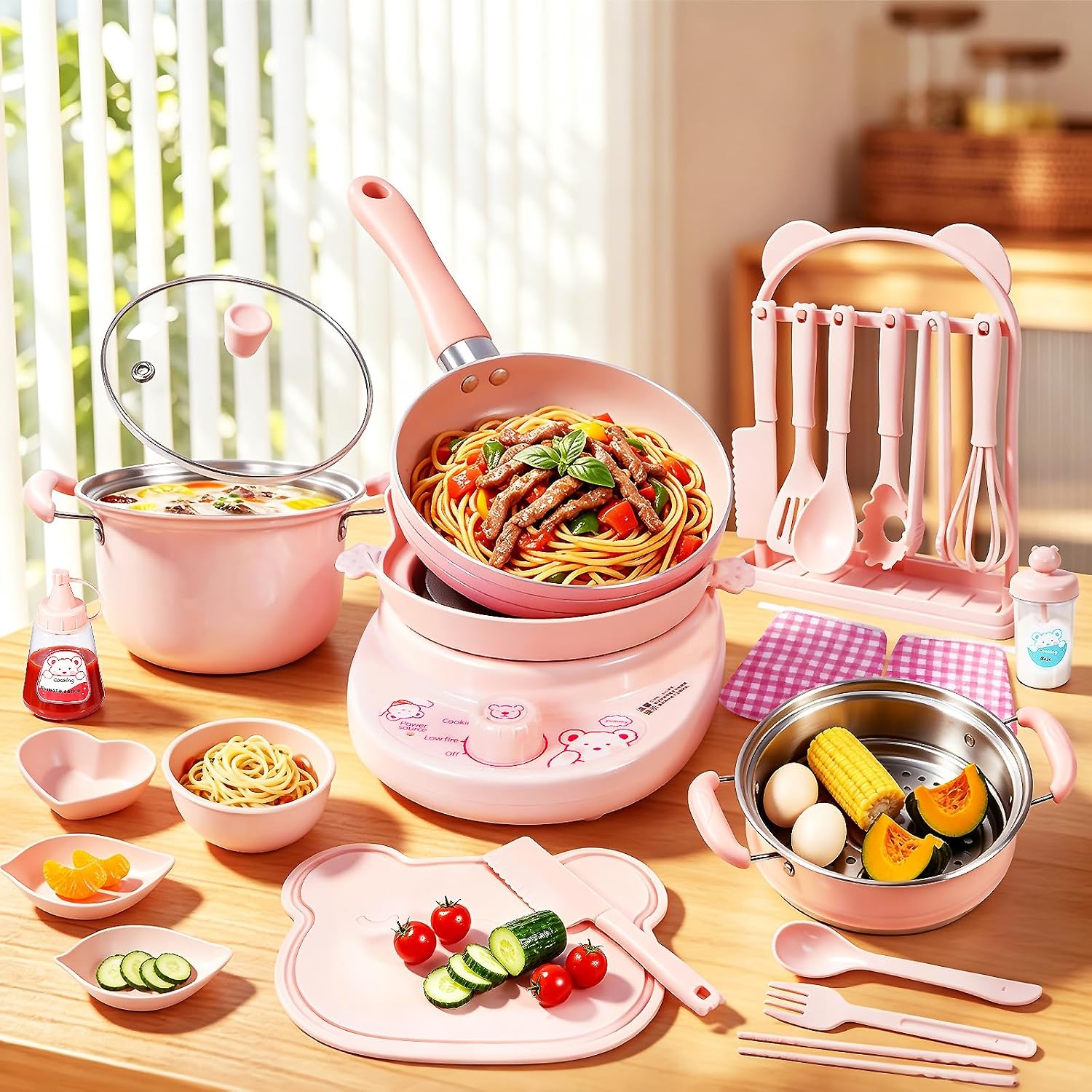 Cicicooie Mini Cooking Sets Real Easy Montessori Kitchen Safe Tools Making for Beginner Cooking Educational（Pink）