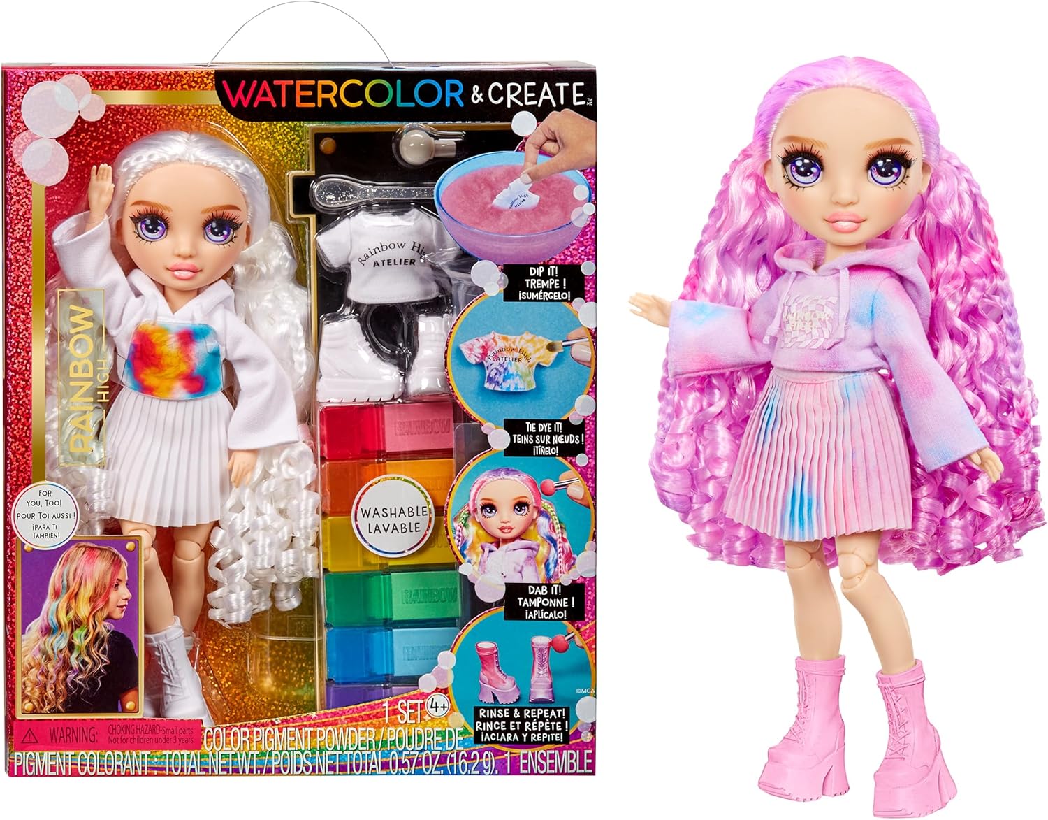 Rainbow High Watercolour & Create DIY Fashion Doll with Washable Watercolours and Tie-Dye Kit - Purple Eyes, Curled Hair, Extra Top & Shoes - Colour, Create, Play, Rinse and Repeat - Kids 4-12+ Years