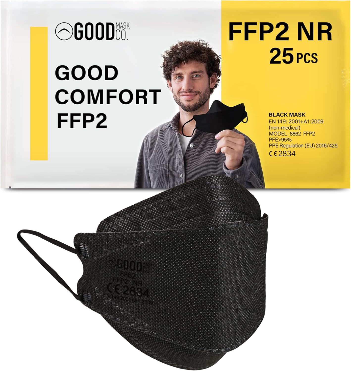 Good Mask Co. Good Comfort Adult FFP2 Face Masks, Disposable and Comfortable Face Masks (25pcs, Black)