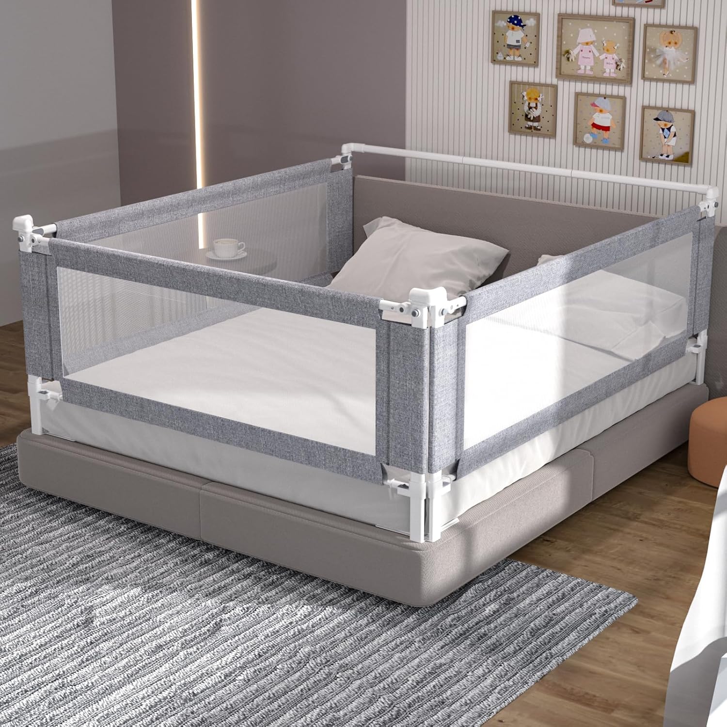 3-Piece King Size Bed Rail for Toddlers - Adjustable Baby Bed Rail Guard, Kids Safety Bed Rail for King Size Bed (78.7"x78.7"x74.8"-Grey)