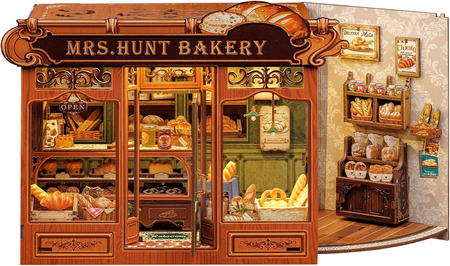 CUTEBEE Book Nook Kit - DIY Dollhouse Miniature House Decor Bookshelf 3D Puzzle With LED Light Model Kits, Crafts To Build Bookshelf Decor Gift for Book Lovers(Mrs Hunt Bakery)