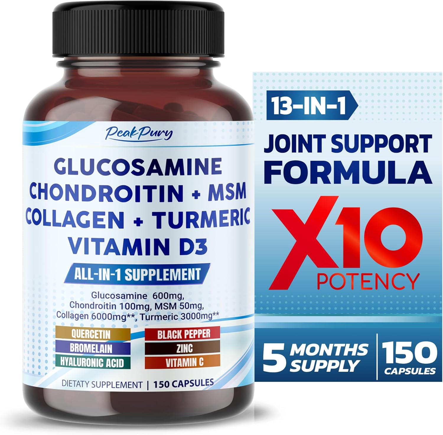 Glucosamine 600mg Chondroitin 100mg MSM 50mg Collagen 6000mg Turmeric 3000mg - Joint Health Support- Made in USA