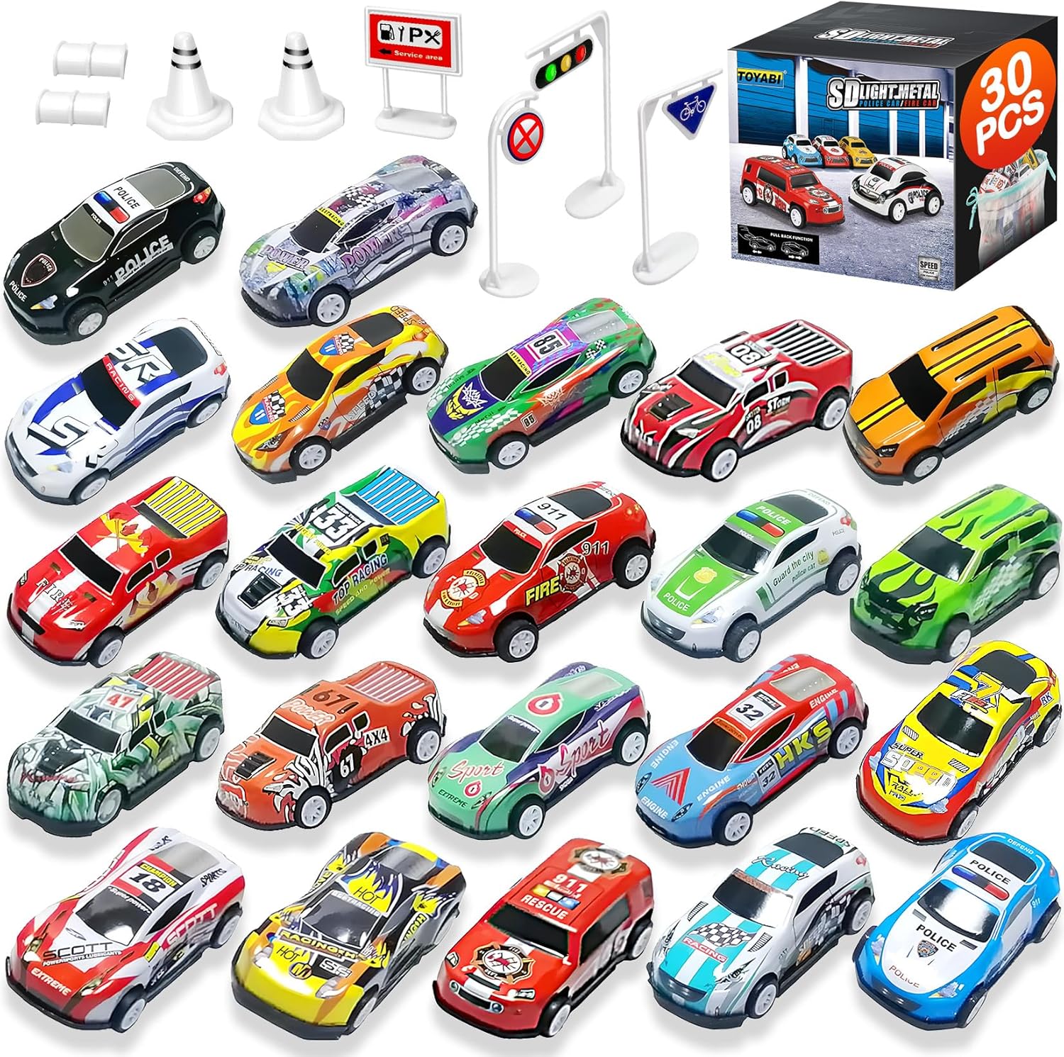 TOYABI Toy Cars for Kids, 22Pcs Metal Race Car Set with 8 Roadblock, Mini Pull Back Playset, Christmas Birthday Party Gifts, Micro Machines Vehicles Toys for 3 4 5 6 7 8 Year Old Boys & Girls