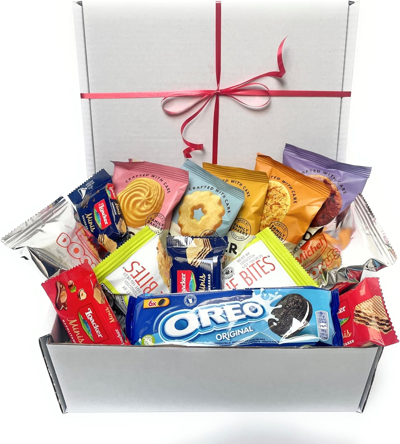 Biscuits Hamper treat box. Gift set has 5 twin packs of Border Biscuits, Oreos, Chewy Bites, wafers, and St Michel Donuts. An Ideal Afternoon tea gift basket of Munchies All Occasions