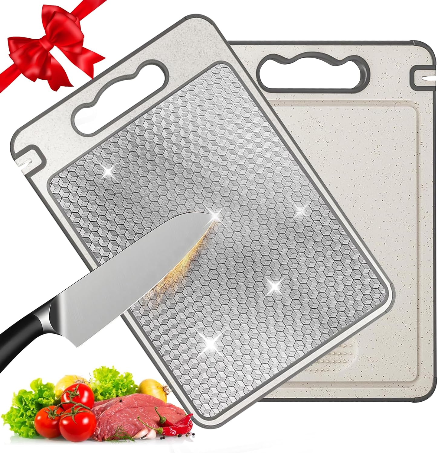 BOYUNSHI Cutting Board for Kitchen Double Sided 304 Stainless Steel & Wheat Straw Chopping Boards, Scratch Resistant Mesh Design, Non Toxic Chopping Board for Meat and Vegetables, Dishwasher Safe