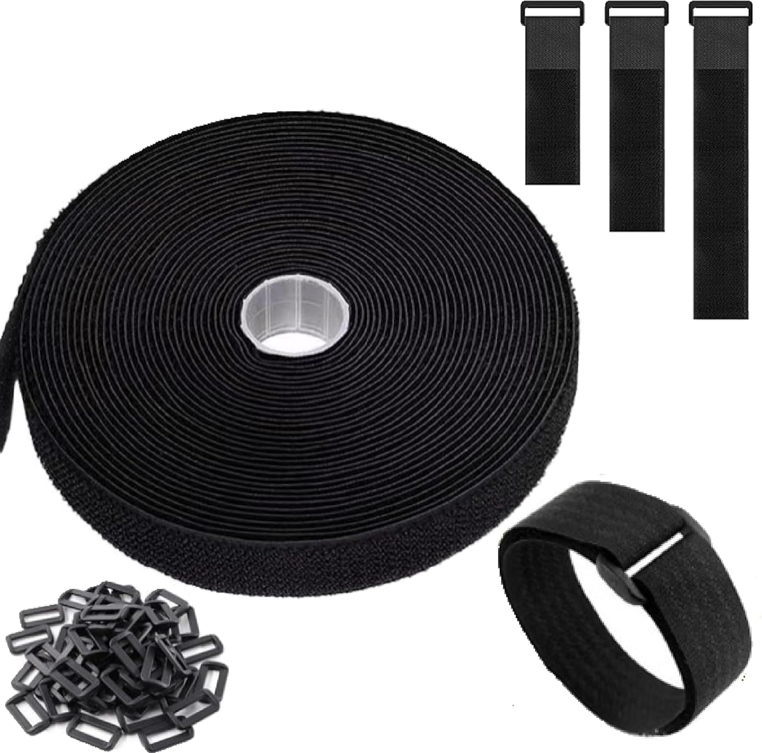 1" x32ft Cable Straps with 50 Buckles Adjustable Reusable Fastening Cable Strap Nylon Cut-to-Length Cinch Straps for Organizer or Storage Black