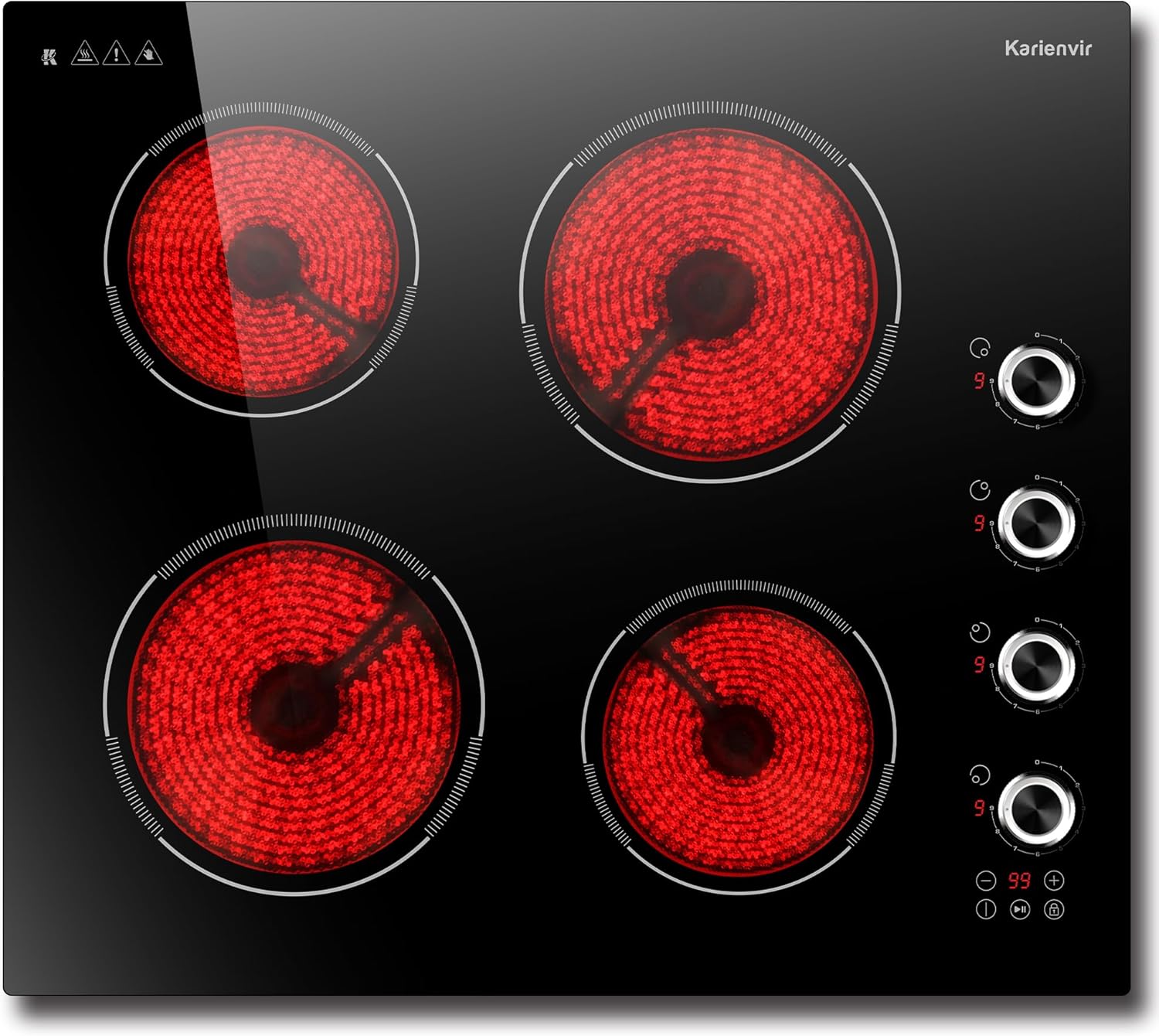 Karienvir Electric Hob 60cm 4 Zone,Ceramic Hob 6000W, Electric Ceramic Hob 220-240V Hardwired, Kitchen Hob 4 Burners with Safety Lock, Timer, Pause Function, Knob & Touch Control