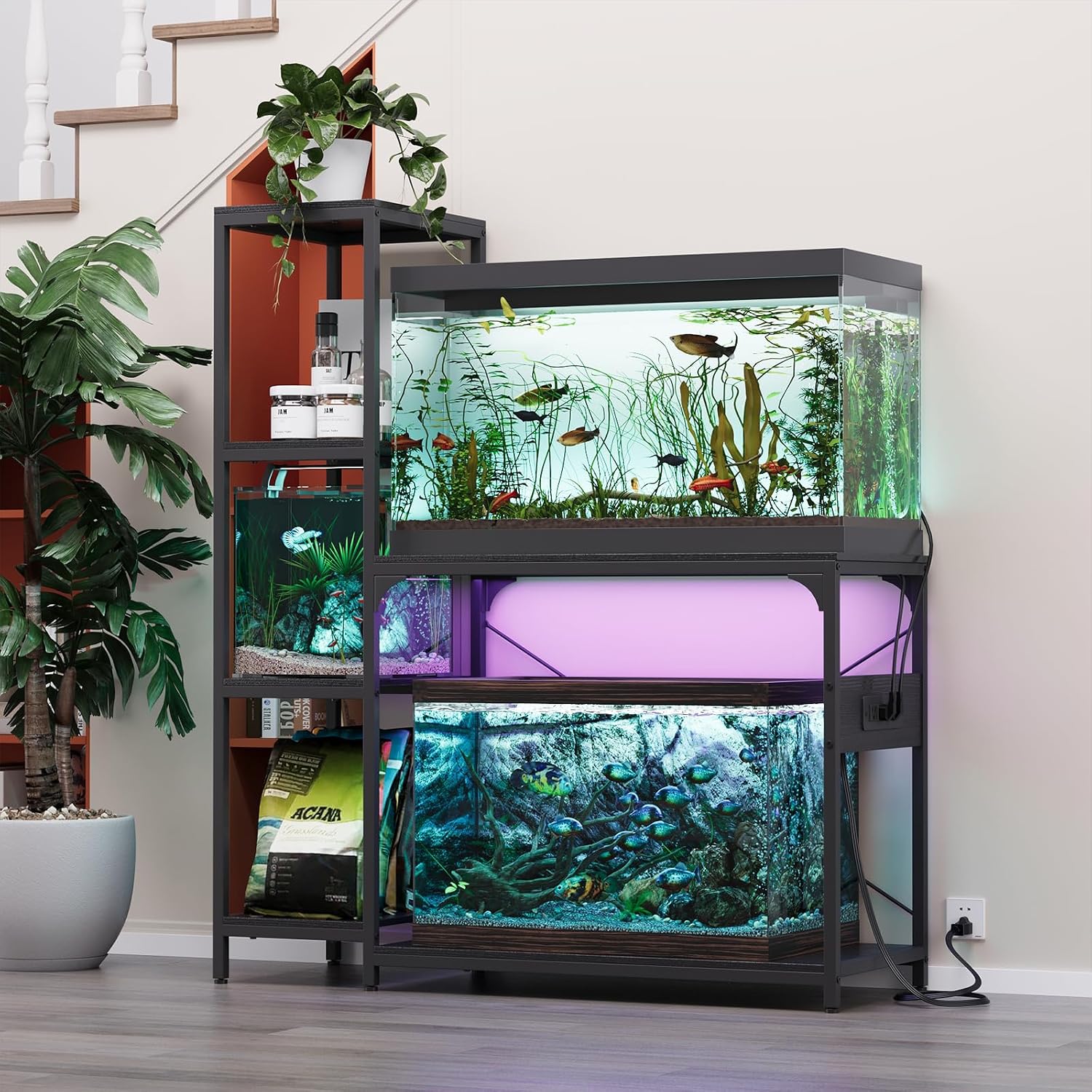 VOWNER 20-29 Gallon Fish Tank Stand with Power Outlet, Wood Aquarium Stand with Shelves for Fish Tank Accessories Storage, Heavy Duty Metal Frame, Turtle Reptile Terrarium Stand, Load 500lb, Black