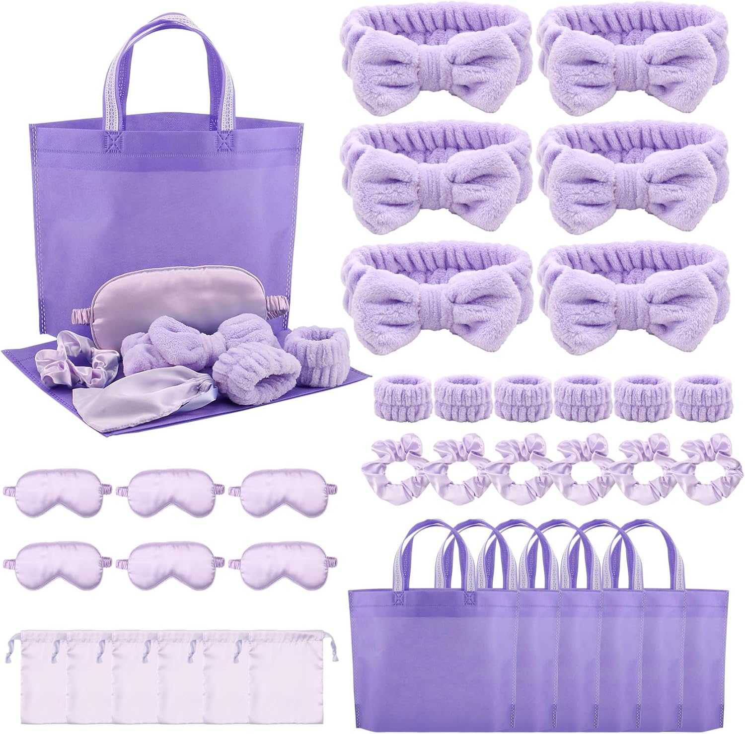Povxlum 36 Pcs Sleepover Party Supplies for Girls Spa Party Favors 6 Headbands, 6 Wristbands, 6 Eye Masks, 6 Velvet Scrunchies, 6 Tote Bags, 6 Satin Storage Bags（Purple）