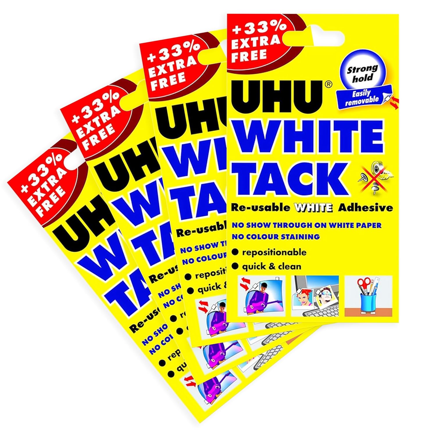 UHU White Tack - Sticky Reusable Adhesive Putty - Pack of 4