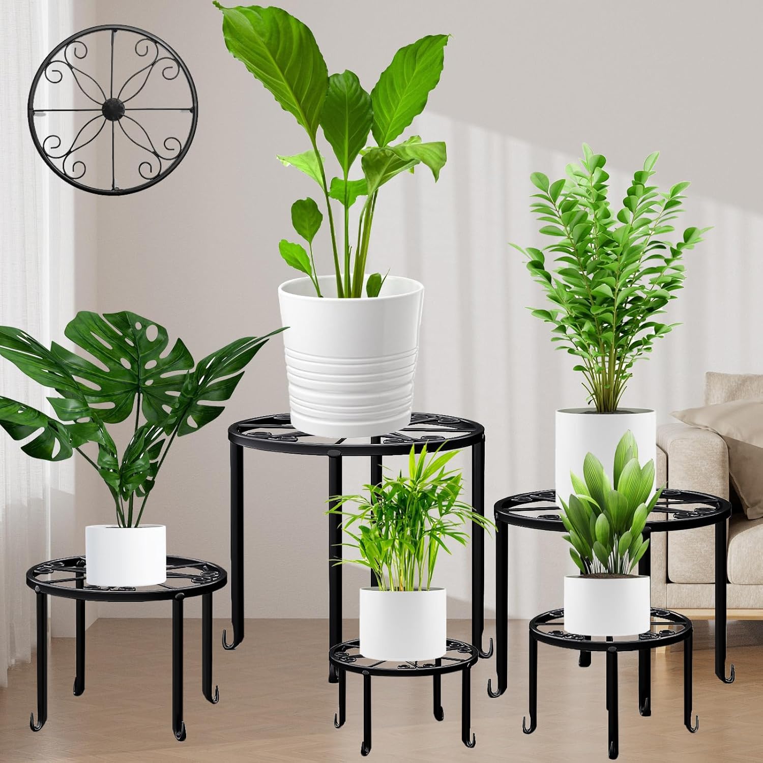 5 Pack Metal Plant Stand for Outdoor Indoor Plants, Heavy Duty Flower Pot Stands for Multiple Plant, Rustproof Iron Round Shelf for Planter, Potted Plant Holder for Garden Home (Black)