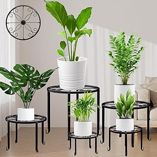 5 Pack Metal Plant Stand for Outdoor Indoor Plants, Heavy Duty Flower Pot Stands for Multiple Plant, Rustproof Iron Round Shelf for Planter, Potted Plant Holder for Garden Home (Black)
