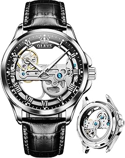OLEVS Automatic Mechanical Watches for Men Skeleton Watch Waterproof Brown Black Leather Band Rose Gold Men's Wrist Watches