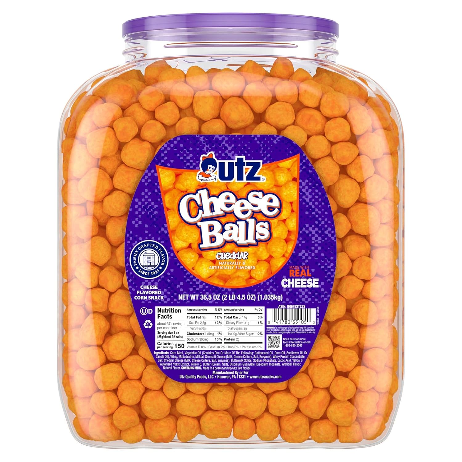 Utz Cheese Balls Barrel, Tasty Snack Baked with Real Cheddar Cheese, Delightfully Poppable Party Snack, Gluten, Cholesterol and Trans-Fat Free, Kosher Certified, 36.5 Oz