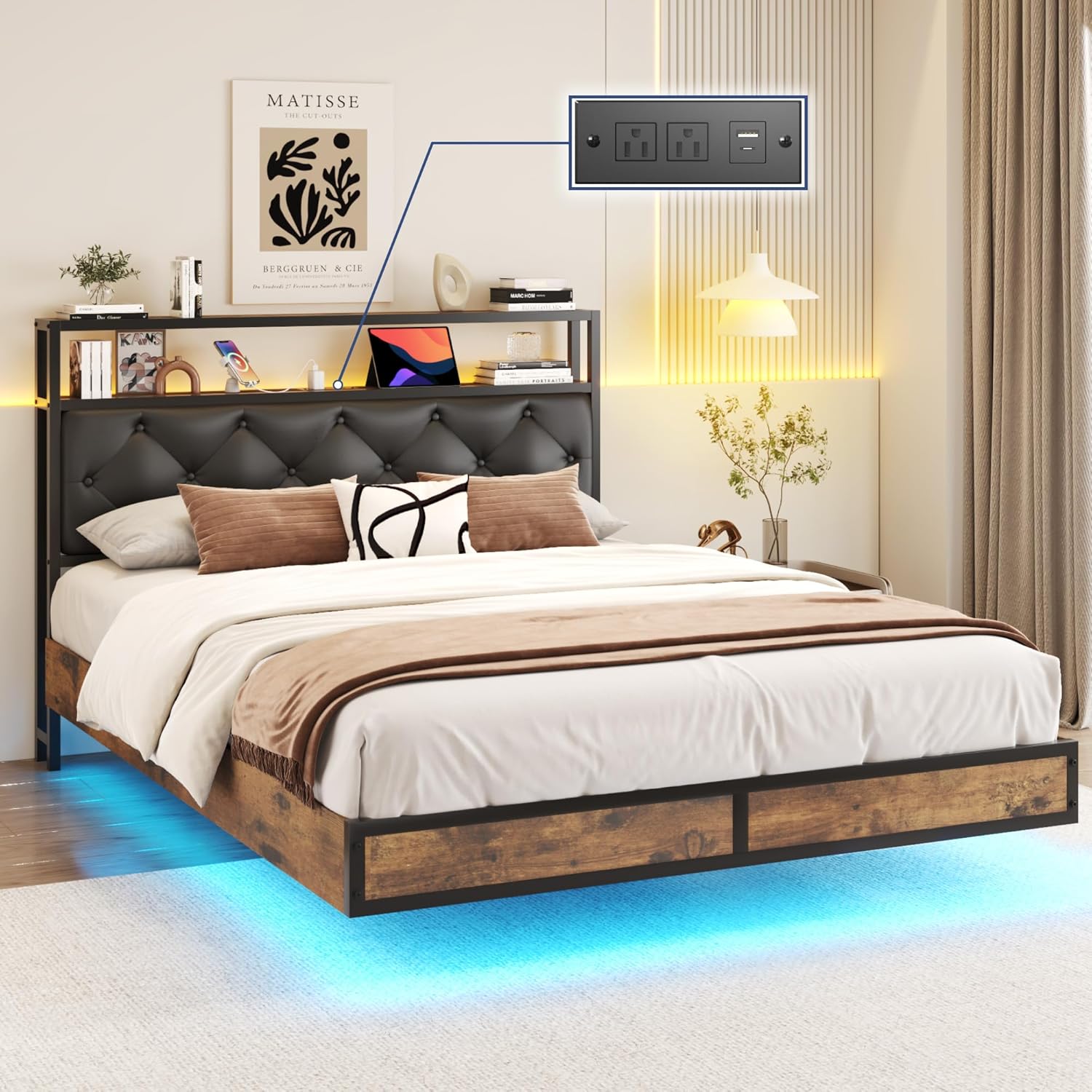 Lifezone Floating Full Bed Frame with LED Lights, 2-Tier Storage Headboard, Metal Full Bed Frame with Built-in Charging Ports, Noise-Free, Easy Assembly, Black Diamond