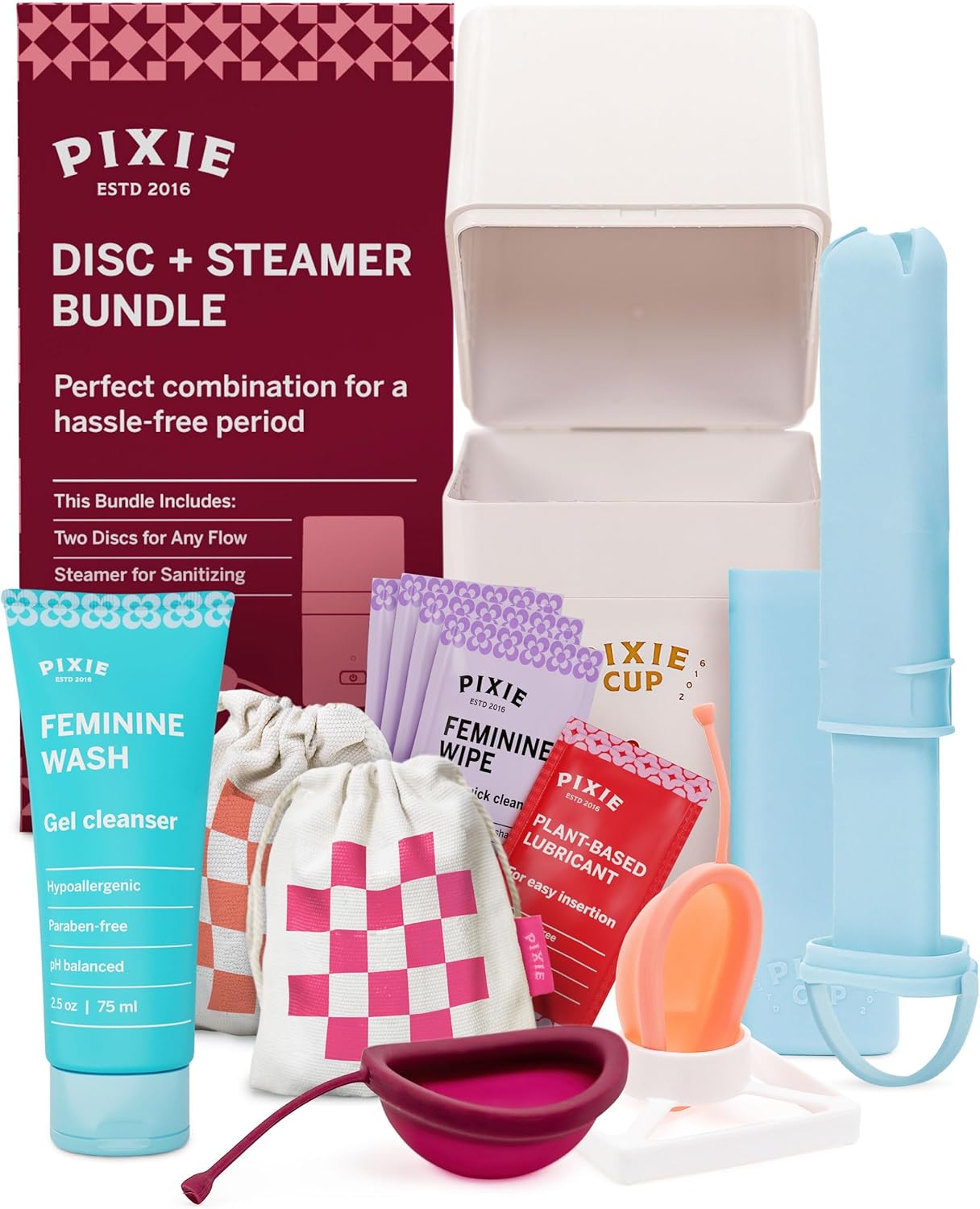 Pixie Menstrual Disc Collection - 2 Reusable Period Discs with Applicator, Sterilizer, Feminine Wash & Totes - No Metals or Toxins, Tampon-Style Insertion - All-in-One Easy Period Solution